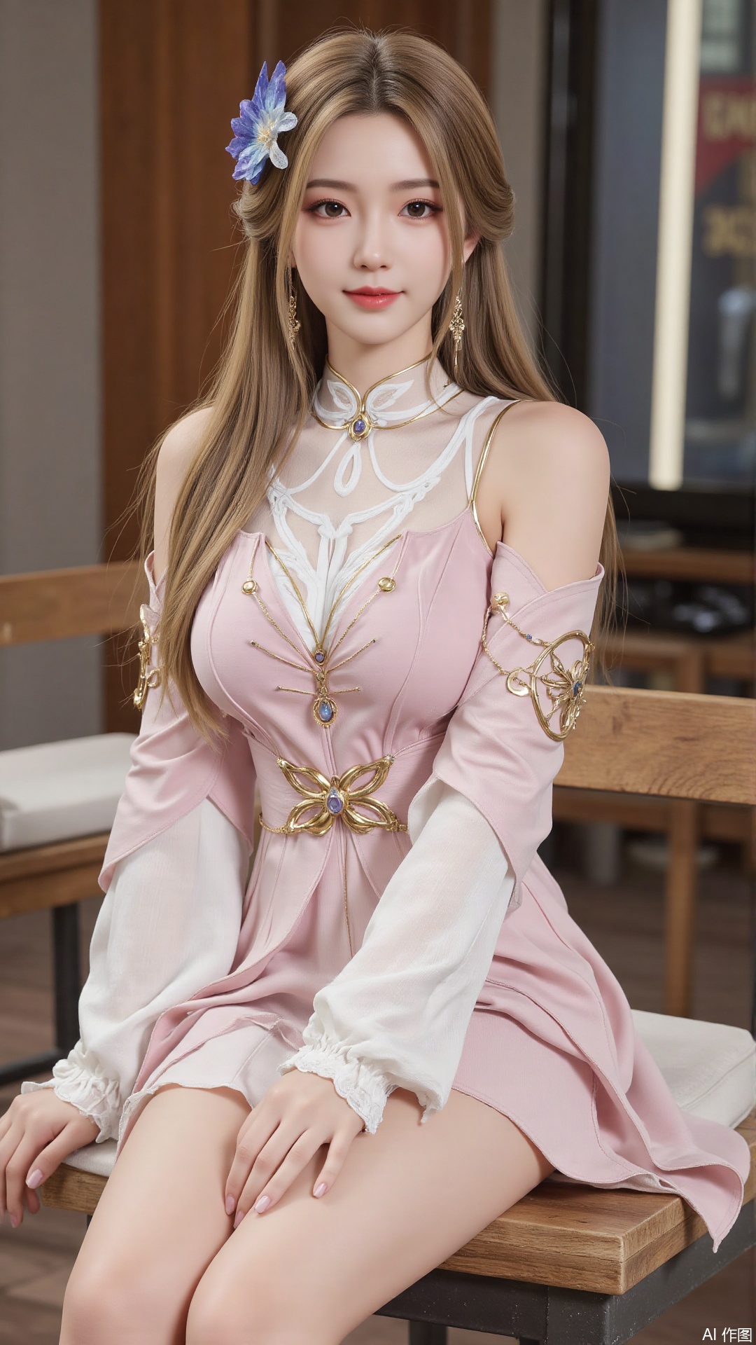 1girl, solo, long hair, looking at viewer, smile, sitting, collarbone, off shoulder, sweater, messy hair, realistic