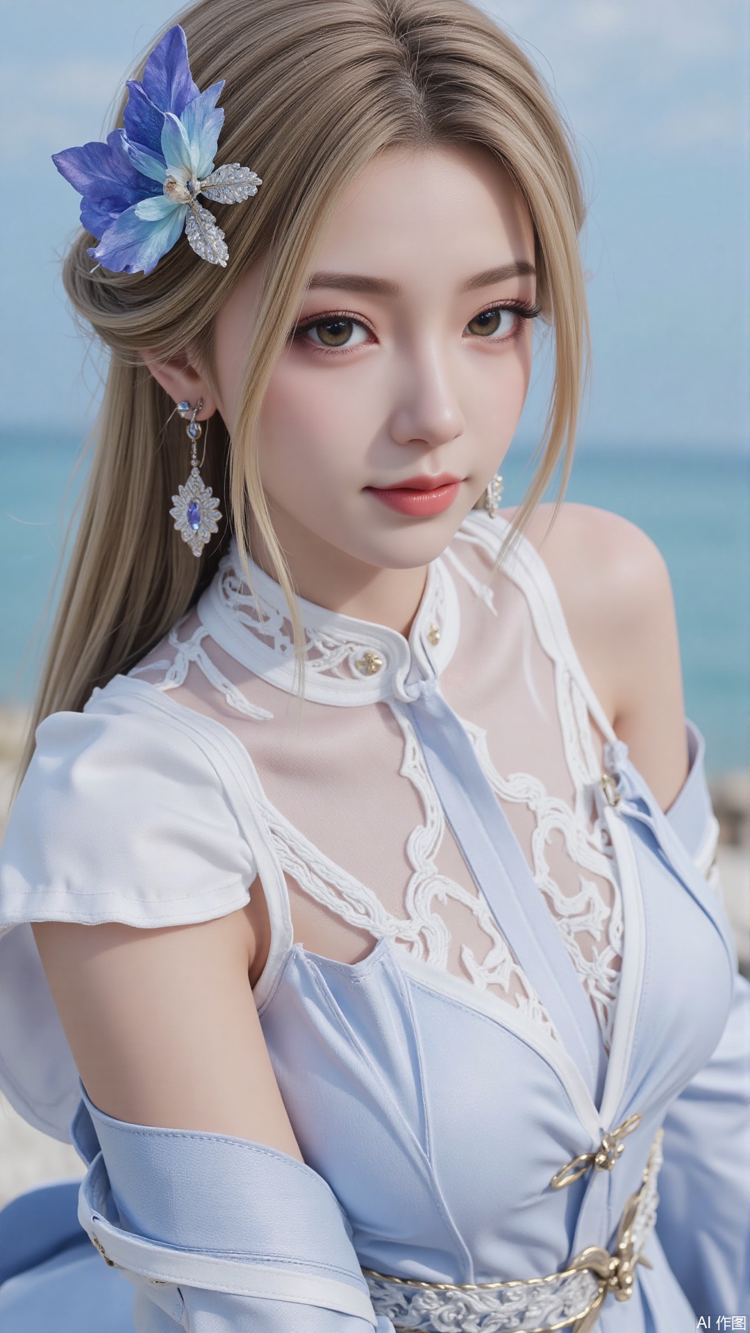 Very detailed face, extremely detailed eyes and face, blue eyes, (vacuum), 8K wallpaper, light leak, beautiful and detailed girl, extremely detailed CGUnity8K wallpaper, an extremely detailed and beautiful, beautiful and detailed eyes, masterpiece, best quality, Real photo level, (frontal shooting panoramic perspective), ( (Full body photo)), dynamic angle, dynamic pose, solo, ancient style silver hairpin with petals, blue sky and white clouds, (C cup), (huge round breasts), slender legs, super good figure, stunning beauty, (whole body in the mirror) , (wearing Lolita nightgown), (light reflects the shadow of the body through the clothes),vacuum,bare and smooth