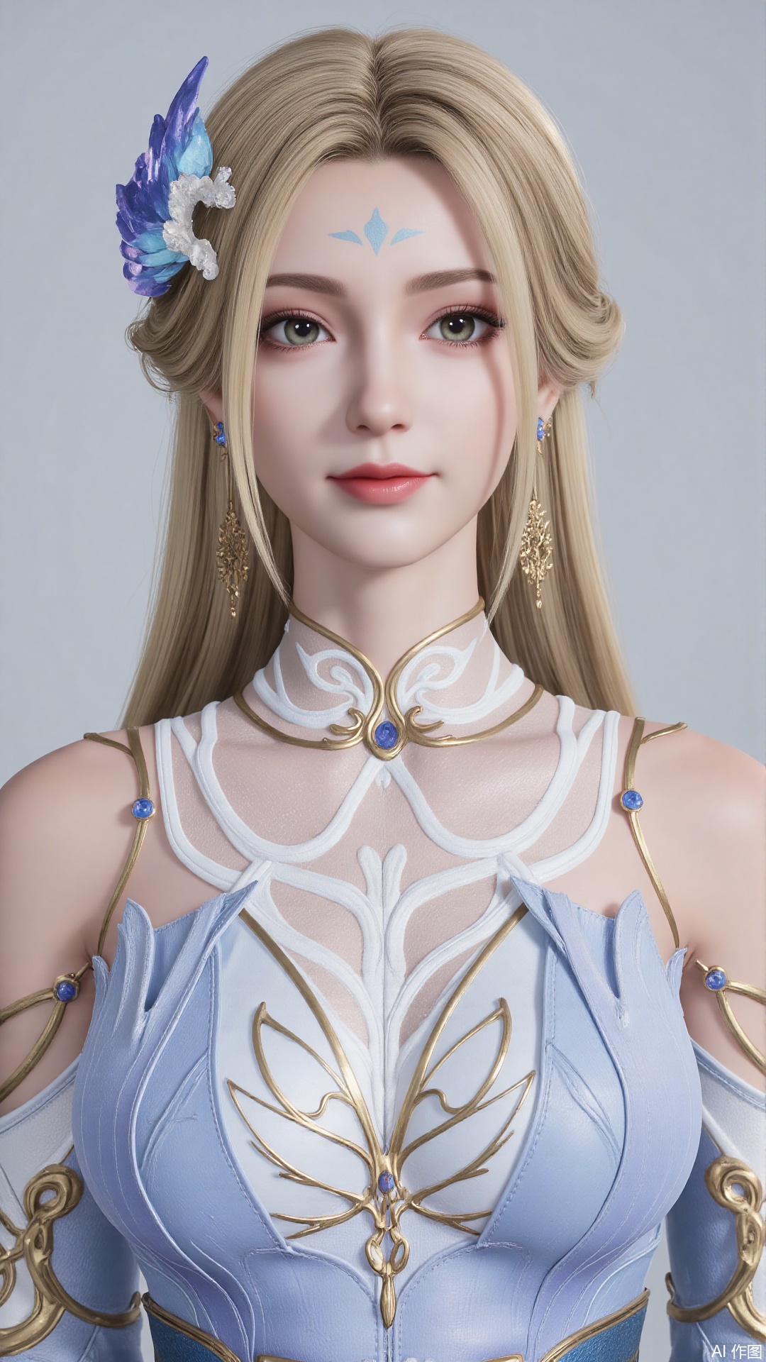 1girl, dress, blonde hair, long hair, hair ornament, facial mark, forehead mark, looking at viewer, mischevious smile, perfect body, scenery, sharp focus, best quality, masterpiece, detailed outfit, illustration, perfect eyes, finely detailed beautiful anime eyes, realistic skin, intricate details, best lighting, depth of field, ultra high resolution,cowboy_shot