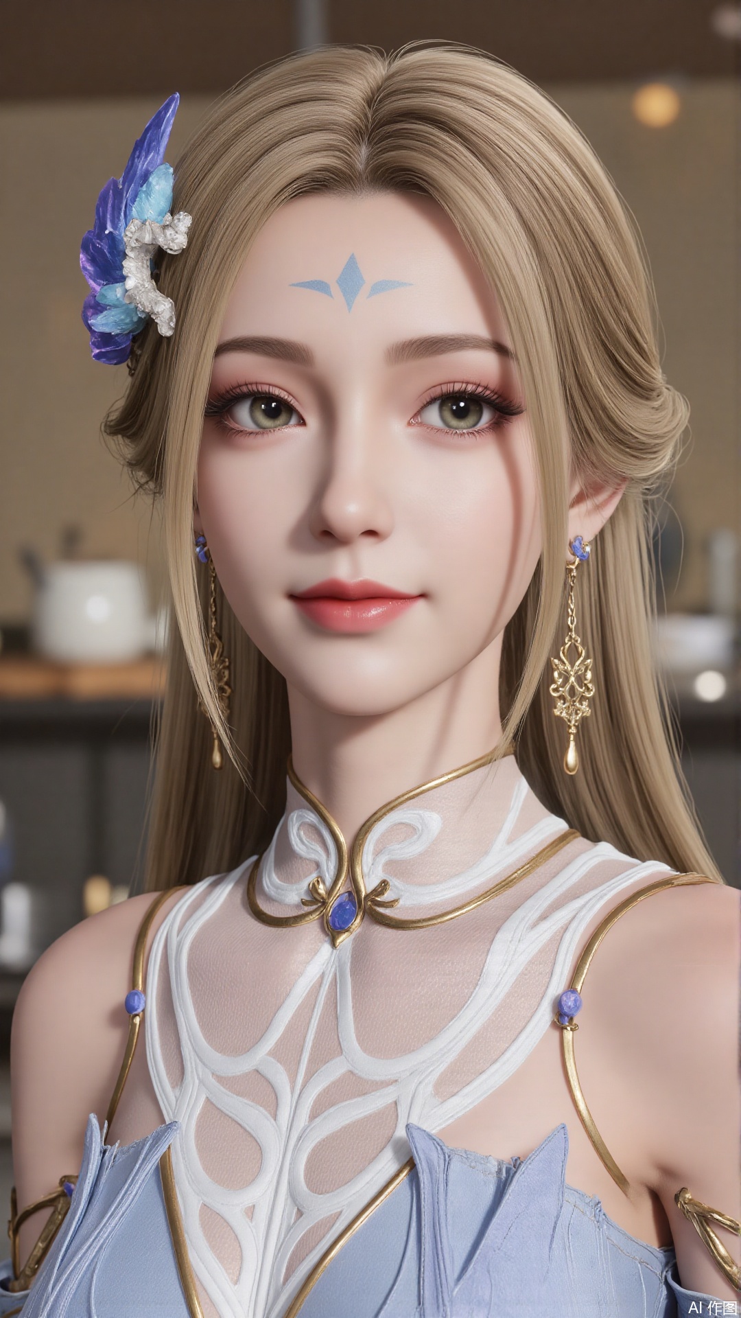 1girl, dress, blonde hair, long hair, hair ornament, facial mark, forehead mark, looking at viewer, mischevious smile, perfect body, scenery, sharp focus, best quality, masterpiece, detailed outfit, illustration, perfect eyes, finely detailed beautiful anime eyes, realistic skin, intricate details, best lighting, depth of field, ultra high resolution,sitting 