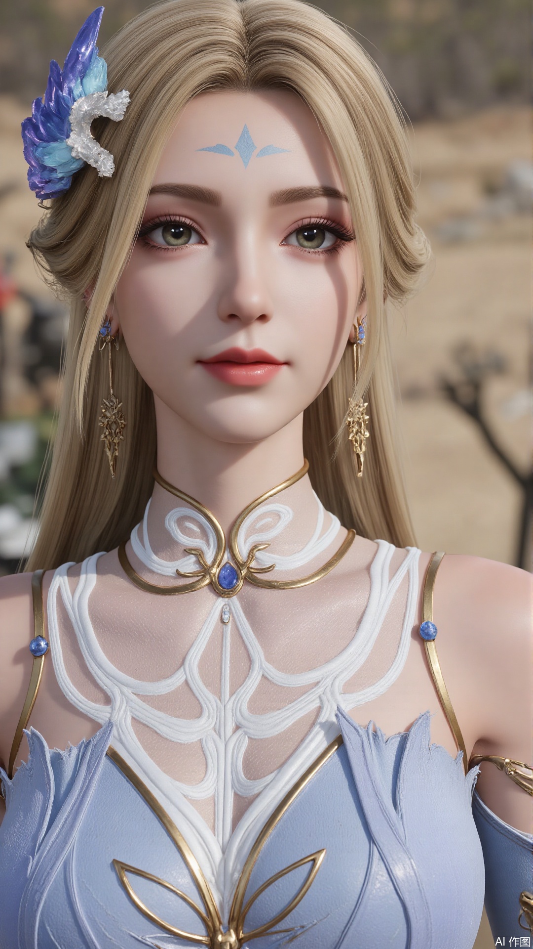 1girl, dress, blonde hair, long hair, hair ornament, facial mark, forehead mark, looking at viewer, mischevious smile, perfect body, scenery, sharp focus, best quality, masterpiece, detailed outfit, illustration, perfect eyes, finely detailed beautiful anime eyes, realistic skin, intricate details, best lighting, depth of field, ultra high resolution,sitting 