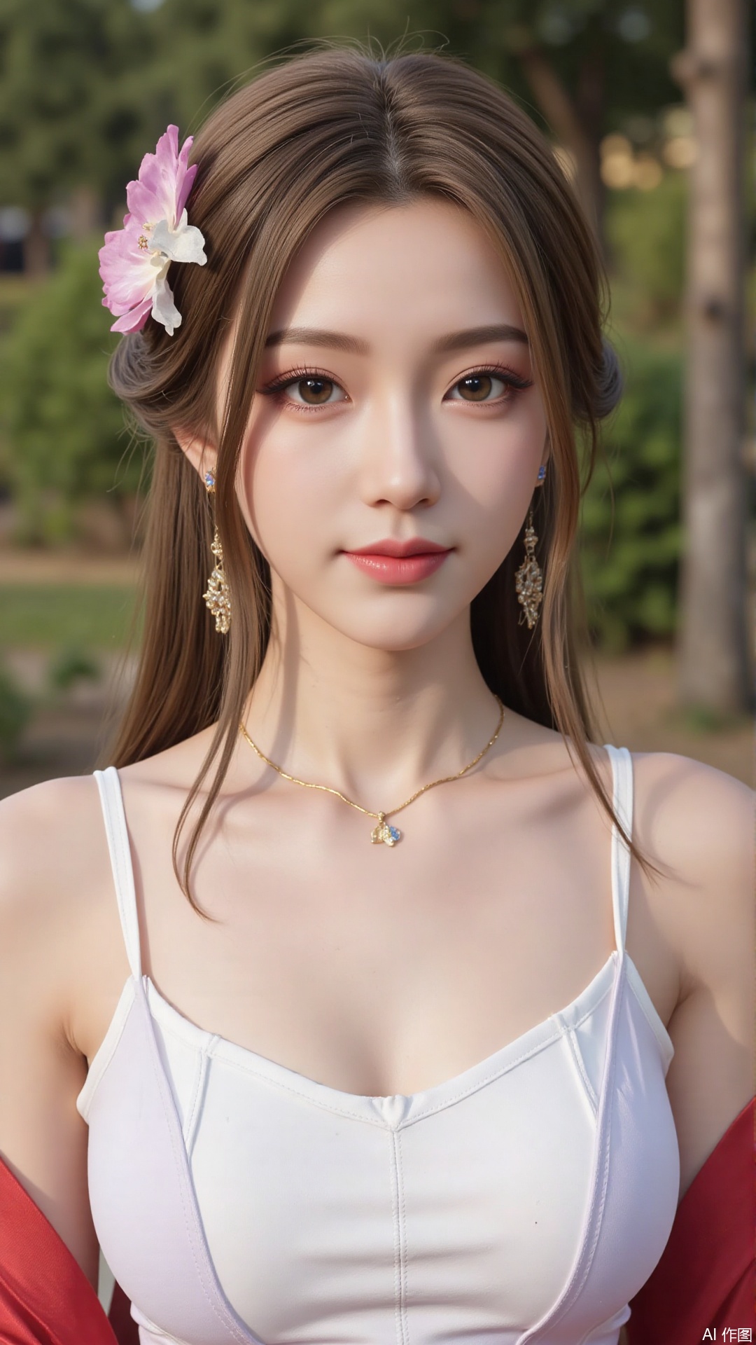 1girl,solo,jewelry,flower,hair flower,hair ornament,necklace,realistic,brown eyes,looking at viewer,dress,blurry background,twin braids,blurry,white dress,long hair,upper body,breasts,pink bow,red jacket,bare shoulders,lips,collarbone,outdoors,cleavage,large natural breast,soft breasts,huge Breasts
