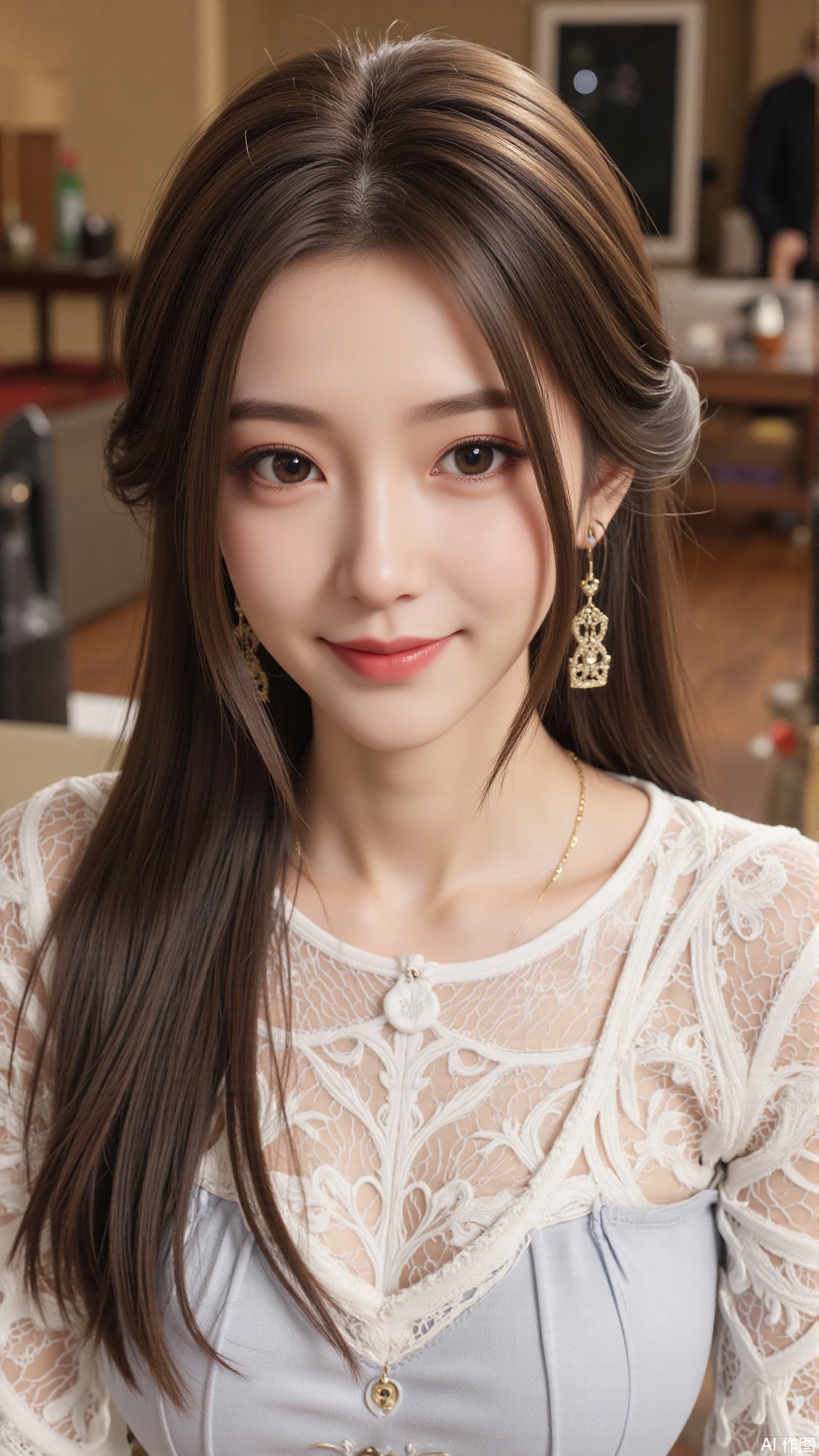 1girl, solo, long hair, looking at viewer, smile, sitting, collarbone, off shoulder, sweater, messy hair, realistic