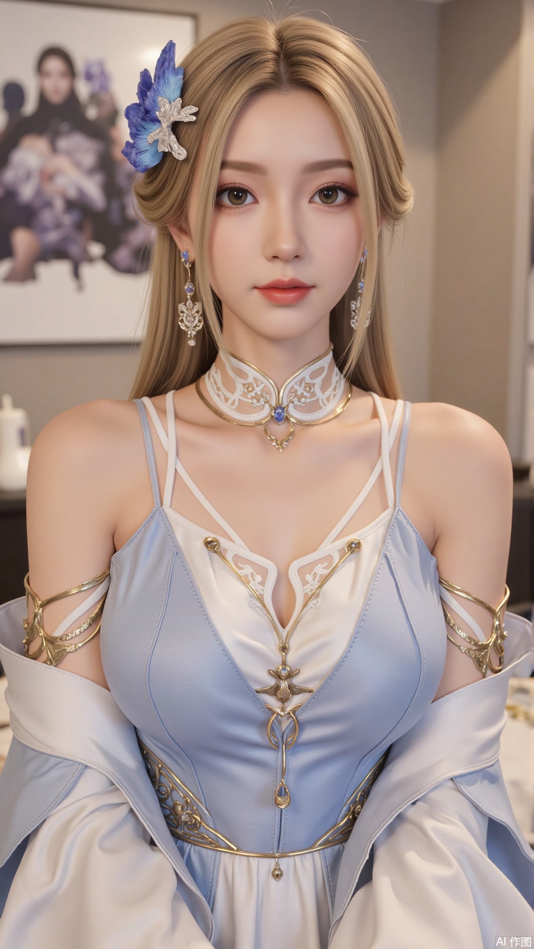 1girl, solo, jewelry, earrings, breasts, necklace, dress, realistic, bare shoulders, looking at viewer, lying, perfect body, scenery, sharp focus, best quality, masterpiece, detailed outfit, illustration, perfect eyes, finely detailed beautiful anime eyes, realistic skin, intricate details, best lighting, depth of field, ultra high resolution, bed, from above