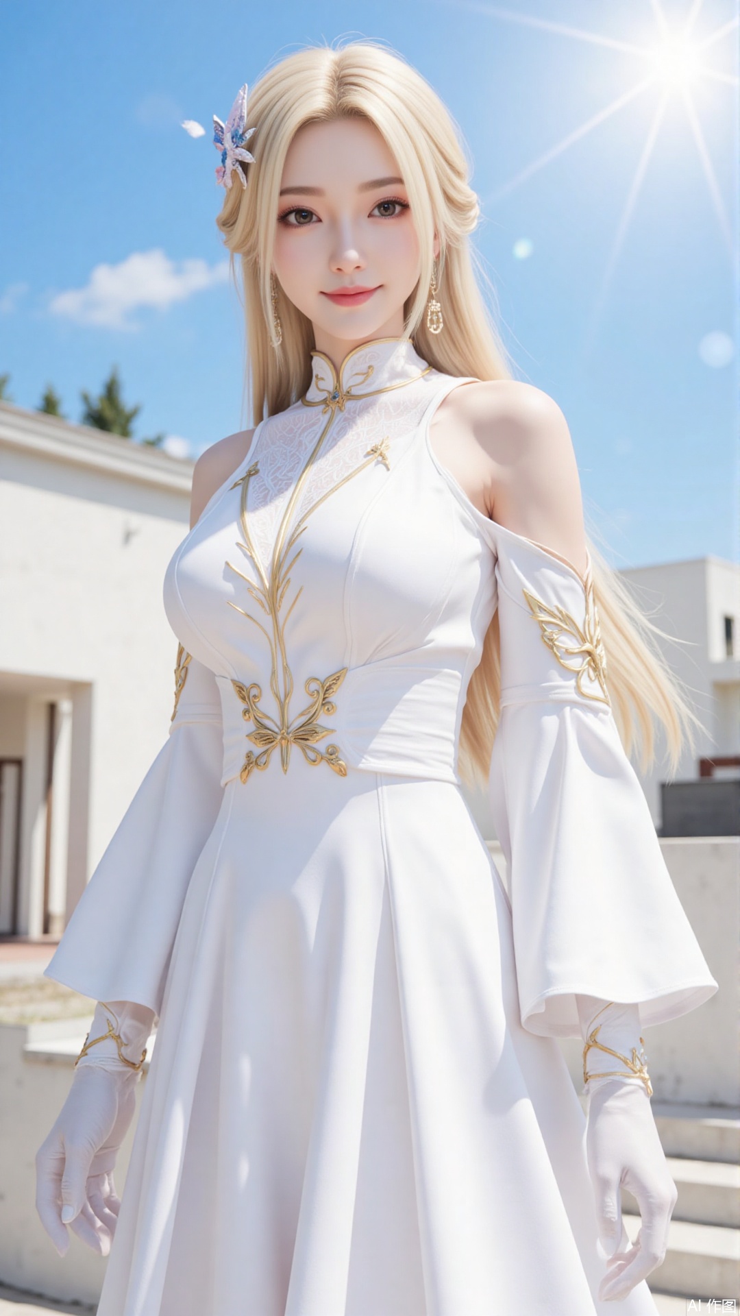 (Murata_Renge:0.8),(reoen1:1),(as109:0.7),(Saebe_Shun:0.7),(akipeko:0.7),(Toronto:0.8),(lineart:0.8),(fuzichoco:0.6),(Mika Pikazo:0.4),(Artist:    sheya:0.5),(wlop:0.4),Illustration,Simple Flat Coloring,lightshadow,line art,shadow,masterpiece,best quality,good quality,very aesthetic,A shot with tension,impactful picture,offcial art,movie perspective,masterpiece,facing the lens,best quality,very aesthetic,extremely delicate and beautiful,huge filesize,amazing quality,Blurred foreground,solo_focus,simple_background,depth_of_field,sunlight,reflective,masterful details,intricate details,soothing tones,high contrast,natural skin    texture,soft light,sharp,ultra-high resolution,32K UHD,
1girl, solo, long hair, looking at viewer, smile, open mouth, bangs, blonde hair, red eyes, gloves, dress, hair between eyes, bare shoulders, twintails, ahoge, :d, sidelocks, outdoors, sky, sleeveless, alternate costume, day, pointy ears, elbow gloves, white gloves, white dress, blue sky, orange eyes, sleeveless dress, low twintails, bug, butterfly, veil, stairs, wedding dress, bridal veil, bride, klee \(genshin impact\)