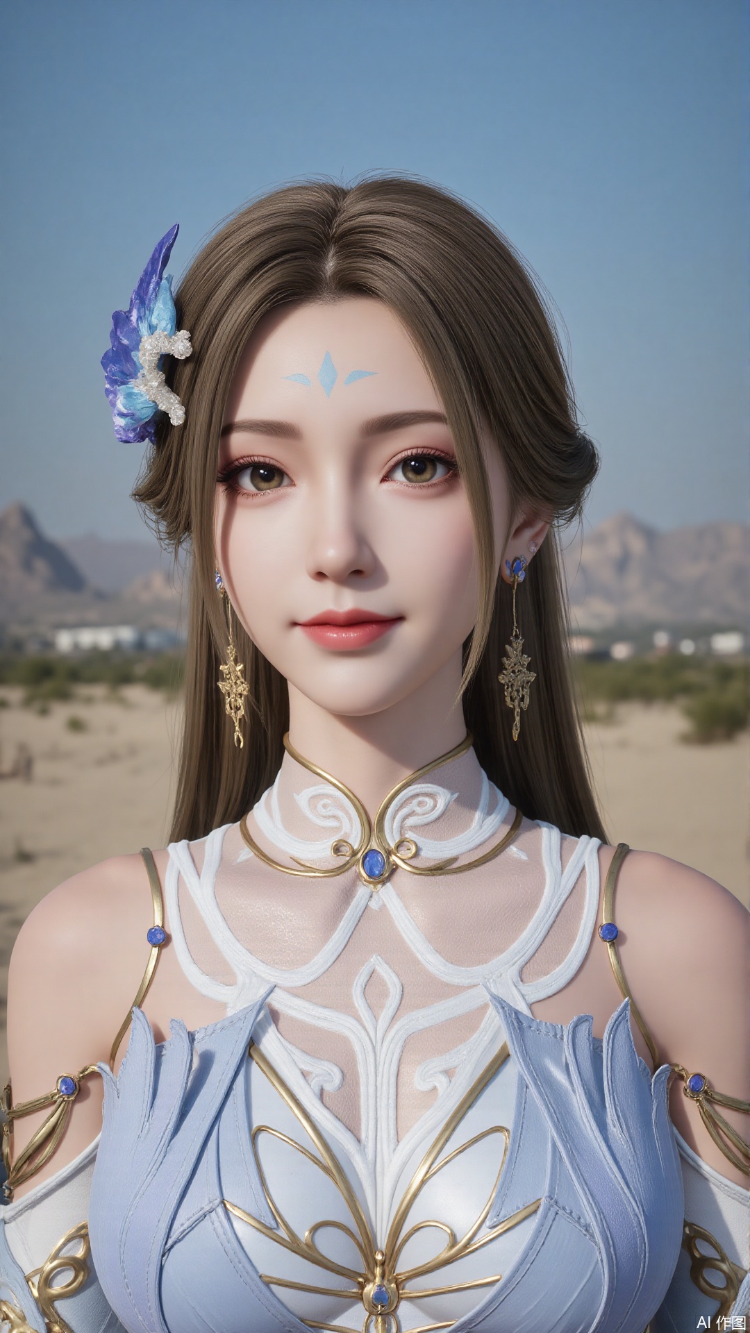 1girl, dress, blonde hair, long hair, hair ornament, facial mark, forehead mark, looking at viewer, mischevious smile, perfect body, scenery, sharp focus, best quality, masterpiece, detailed outfit, illustration, perfect eyes, finely detailed beautiful anime eyes, realistic skin, intricate details, best lighting, depth of field, ultra high resolution,cowboy_shot