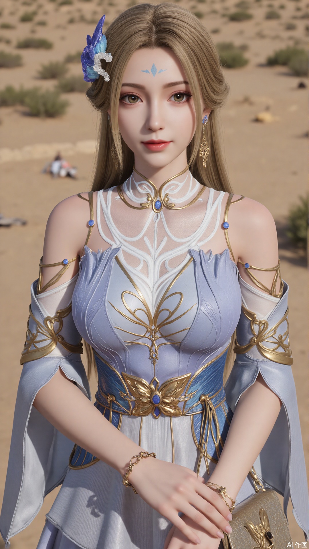 1girl, dress, blonde hair, long hair, hair ornament, facial mark, forehead mark, looking at viewer, mischevious smile, perfect body, scenery, sharp focus, best quality, masterpiece, detailed outfit, illustration, perfect eyes, finely detailed beautiful anime eyes, realistic skin, intricate details, best lighting, depth of field, ultra high resolution,sitting 