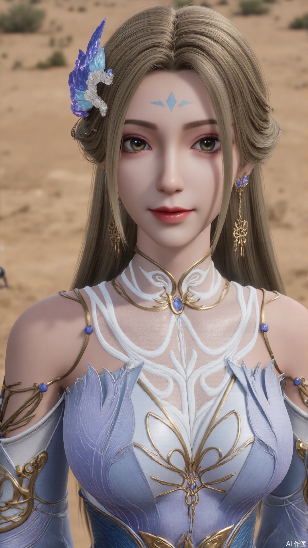 1girl, dress, blonde hair, long hair, hair ornament, facial mark, forehead mark, looking at viewer, mischevious smile, perfect body, scenery, sharp focus, best quality, masterpiece, detailed outfit, illustration, perfect eyes, finely detailed beautiful anime eyes, realistic skin, intricate details, best lighting, depth of field, ultra high resolution,cowboy_shot