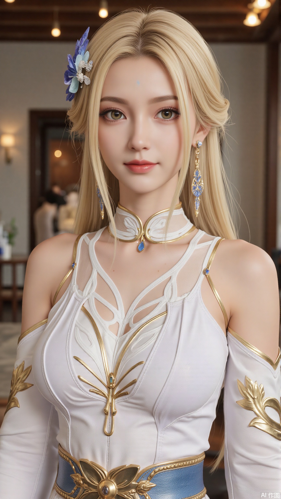 1girl, dress, blonde hair, long hair, hair ornament, facial mark, forehead mark, looking at viewer, mischevious smile, perfect body, scenery, sharp focus, best quality, masterpiece, detailed outfit, illustration, perfect eyes, finely detailed beautiful anime eyes, realistic skin, intricate details, best lighting, depth of field, ultra high resolution,cowboy_shot