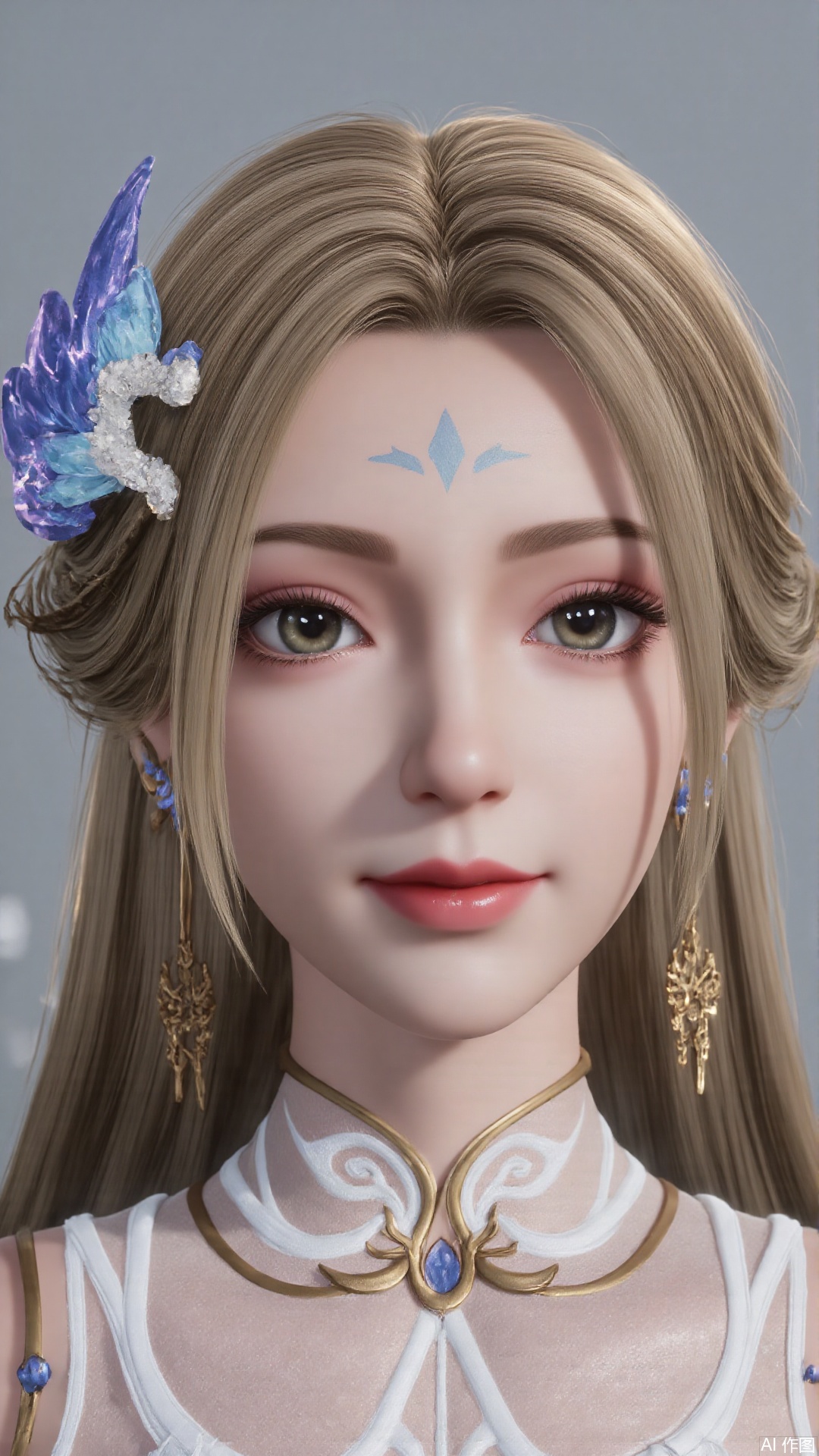 1girl, dress, blonde hair, long hair, hair ornament, facial mark, forehead mark, looking at viewer, mischevious smile, perfect body, scenery, sharp focus, best quality, masterpiece, detailed outfit, illustration, perfect eyes, finely detailed beautiful anime eyes, realistic skin, intricate details, best lighting, depth of field, ultra high resolution,sitting 