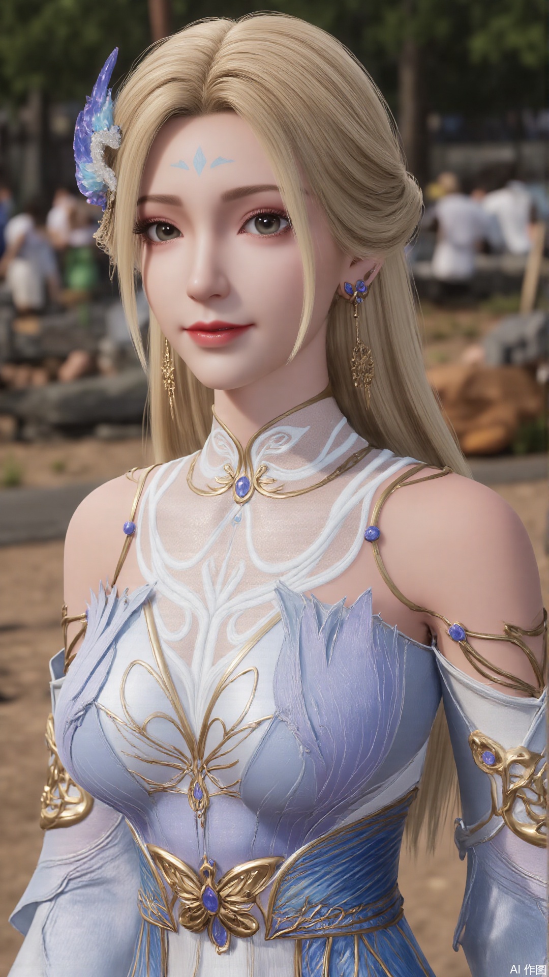 1girl, dress, blonde hair, long hair, hair ornament, facial mark, forehead mark, looking at viewer, mischevious smile, perfect body, scenery, sharp focus, best quality, masterpiece, detailed outfit, illustration, perfect eyes, finely detailed beautiful anime eyes, realistic skin, intricate details, best lighting, depth of field, ultra high resolution,sitting 