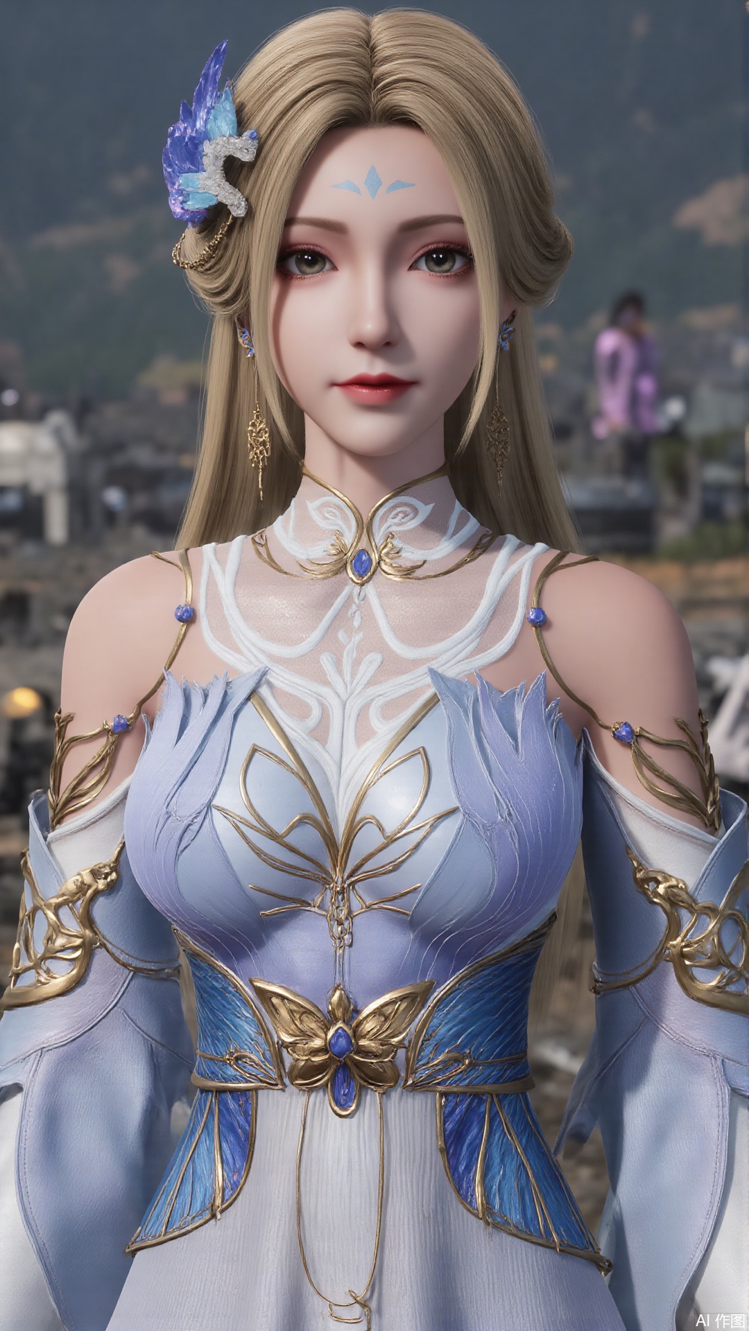 1girl, dress, blonde hair, long hair, hair ornament, facial mark, forehead mark, looking at viewer, mischevious smile, perfect body, scenery, sharp focus, best quality, masterpiece, detailed outfit, illustration, perfect eyes, finely detailed beautiful anime eyes, realistic skin, intricate details, best lighting, depth of field, ultra high resolution,sitting 