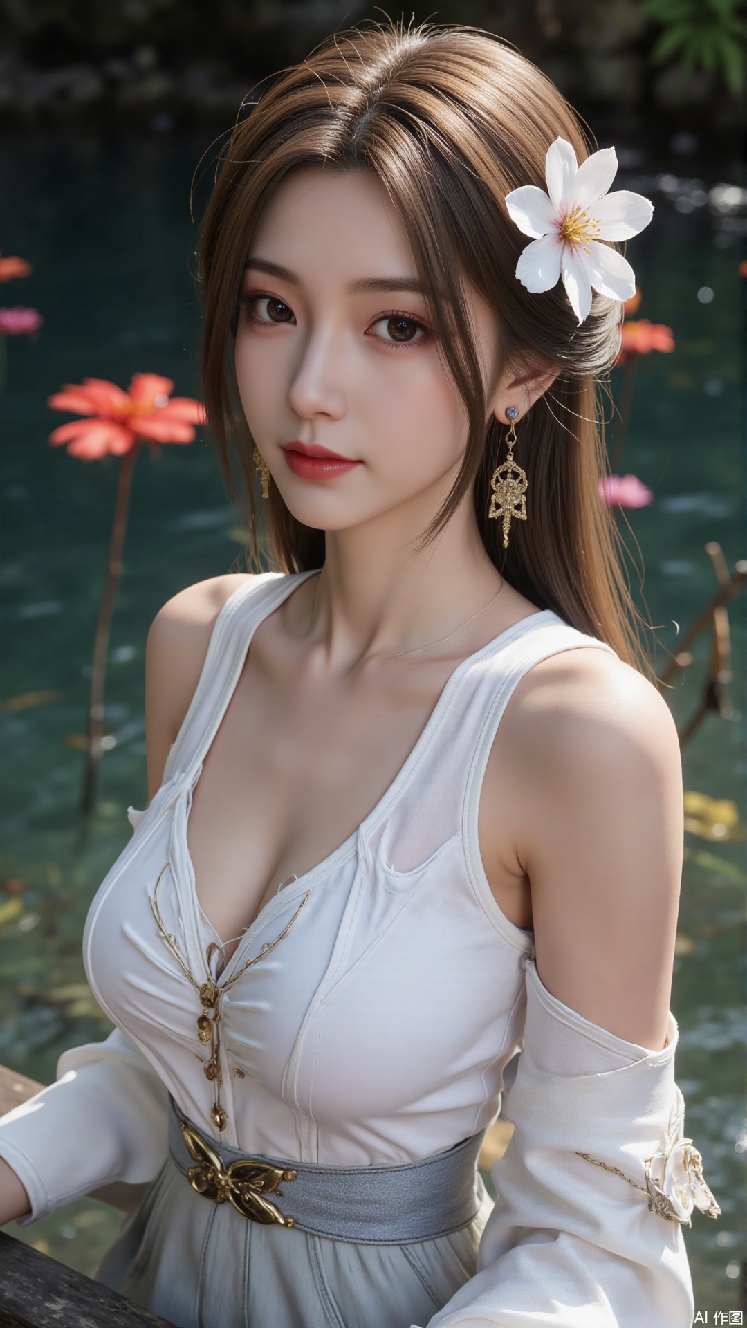 1girl, solo, long hair, breasts, looking at viewer, blush, open mouth, bangs, brown hair, hair ornament, dress, bare shoulders, brown eyes, medium breasts, collarbone, flower, parted lips, hair flower, water, white dress, sleeveless dress, leaf, plant, red flower, partially submerged, hibiscus
,backlighting,depth of field,cinematic lighting,light particles,lens flare, (artist:quasarcake:0.8),extreme aesthetic,(wlop:0.6),masterpiece,best quality,good quality,newest,very aesthetic,absurdres,Visual impact,A shot with tension, ultra-high resolution,32K UHD,sharp focus,best-quality,masterpiece,Emotionalization,unconventional supreme masterpiece,masterful details,temperate atmosphere,with a high-end texture,in the style of fashion photography, (alzi xiaomI:1.2),(mogumo:1.1),(good hands, nice hands:0.5),giving the poster a dynamic and visually striking appearance,impactful picture,offcial art,colorful,movie perspective, masterpiece,best quality,amazing quality,very aesthetic,absurdres,best quality,newest