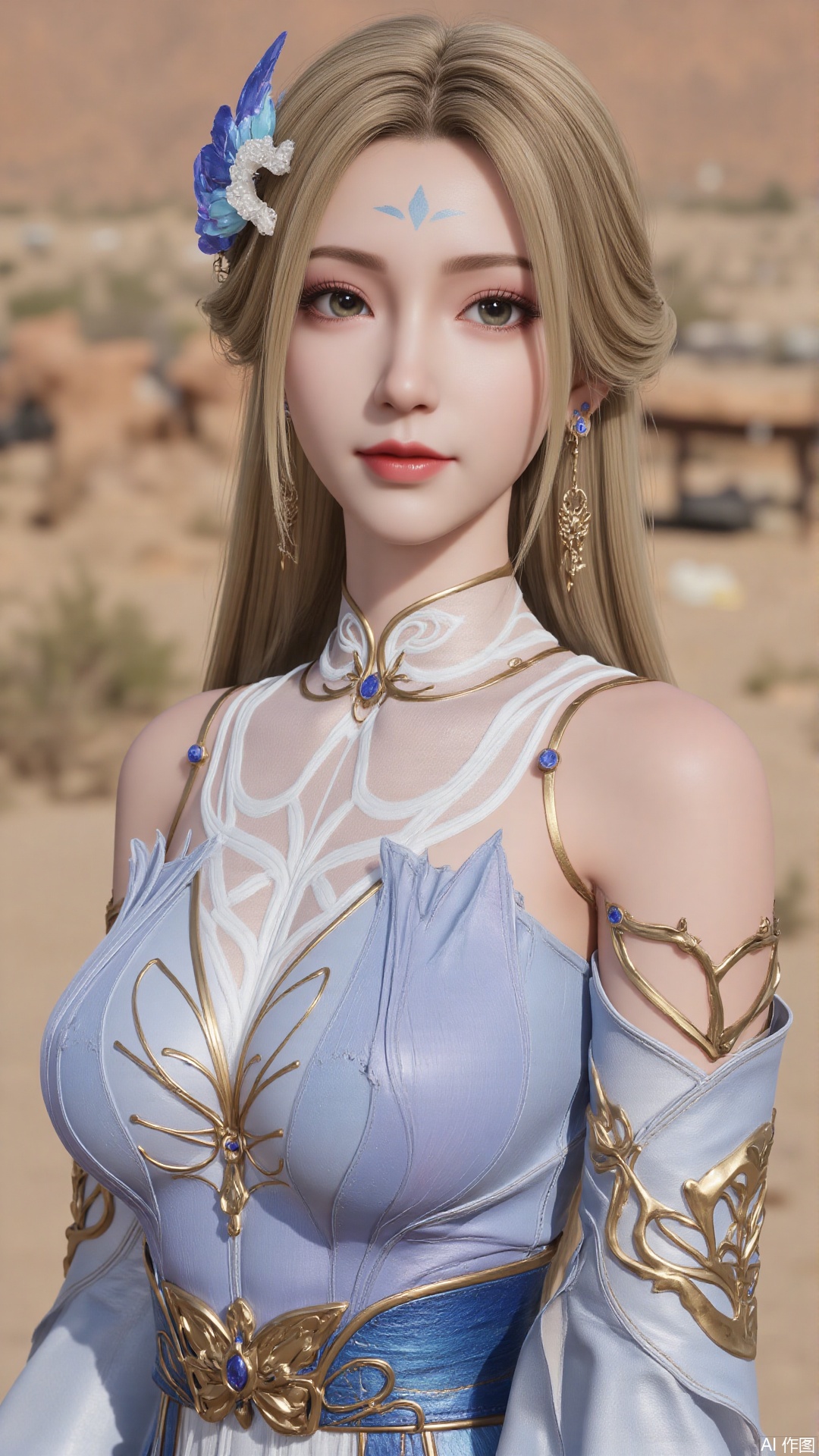 1girl, dress, blonde hair, long hair, hair ornament, facial mark, forehead mark, looking at viewer, mischevious smile, perfect body, scenery, sharp focus, best quality, masterpiece, detailed outfit, illustration, perfect eyes, finely detailed beautiful anime eyes, realistic skin, intricate details, best lighting, depth of field, ultra high resolution,sitting 