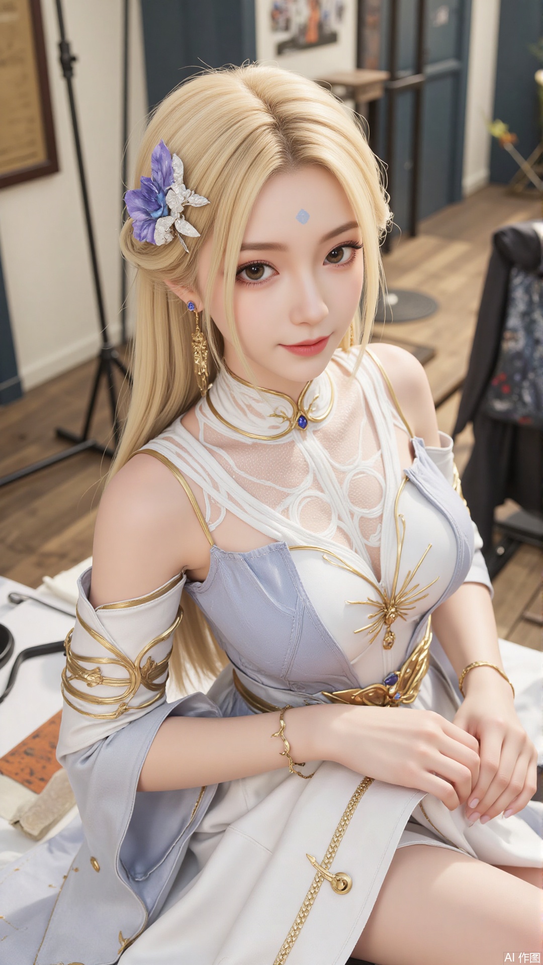 1girl, dress, blonde hair, long hair, hair ornament, facial mark, forehead mark, looking at viewer, mischevious smile, perfect body, scenery, sharp focus, best quality, masterpiece, detailed outfit, illustration, perfect eyes, finely detailed beautiful anime eyes, realistic skin, intricate details, best lighting, depth of field, ultra high resolution,sitting 