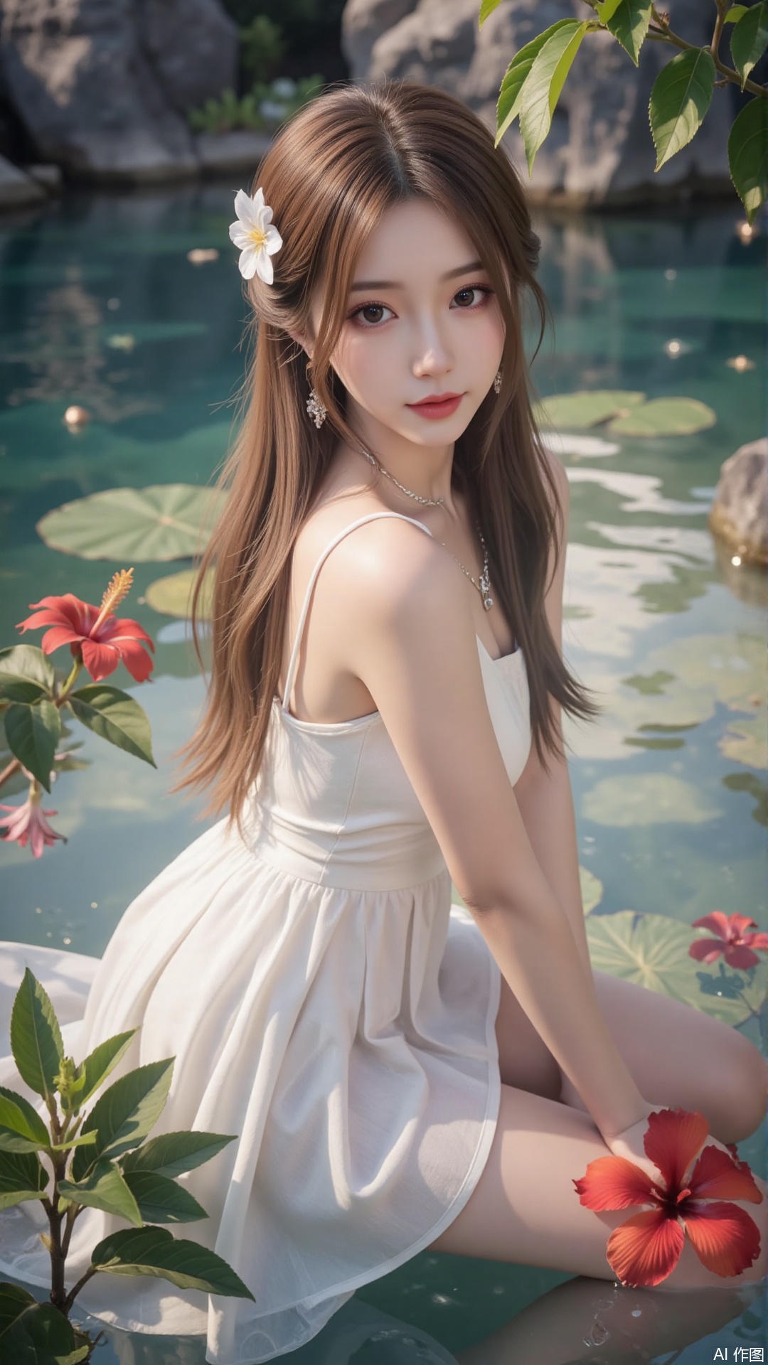 1girl, solo, long hair, breasts, looking at viewer, blush, open mouth, bangs, brown hair, hair ornament, dress, bare shoulders, brown eyes, medium breasts, collarbone, flower, parted lips, hair flower, water, white dress, sleeveless dress, leaf, plant, red flower, partially submerged, hibiscus
,backlighting,depth of field,cinematic lighting,light particles,lens flare, (artist:quasarcake:0.8),extreme aesthetic,(wlop:0.6),masterpiece,best quality,good quality,newest,very aesthetic,absurdres,Visual impact,A shot with tension, ultra-high resolution,32K UHD,sharp focus,best-quality,masterpiece,Emotionalization,unconventional supreme masterpiece,masterful details,temperate atmosphere,with a high-end texture,in the style of fashion photography, (alzi xiaomI:1.2),(mogumo:1.1),(good hands, nice hands:0.5),giving the poster a dynamic and visually striking appearance,impactful picture,offcial art,colorful,movie perspective, masterpiece,best quality,amazing quality,very aesthetic,absurdres,best quality,newest