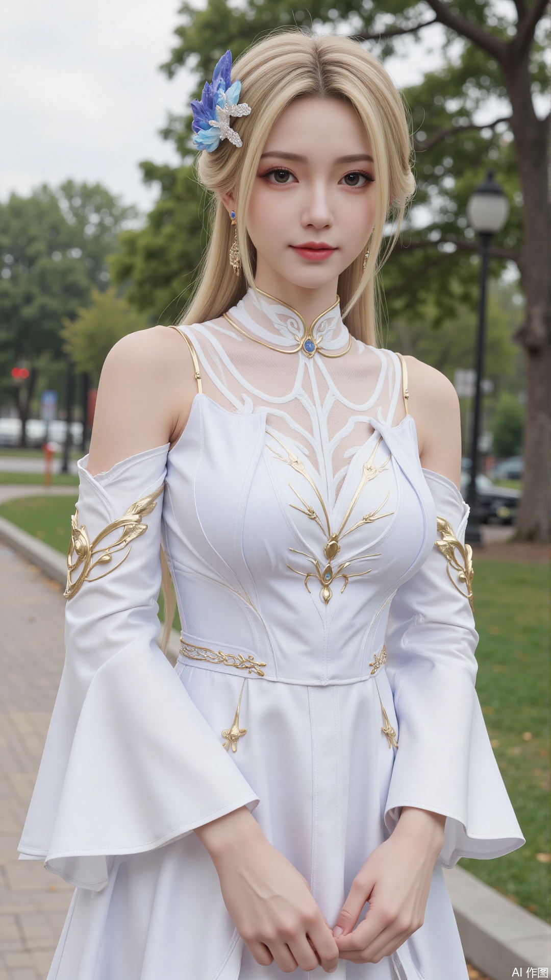 1girl, white wedding dress,looking at viewer, mischevious smile, perfect body, scenery, sharp focus, best quality, masterpiece, detailed outfit, illustration, perfect eyes, finely detailed beautiful anime eyes, realistic skin, intricate details, best lighting, depth of field, ultra high resolution, cowboy_shot, bride