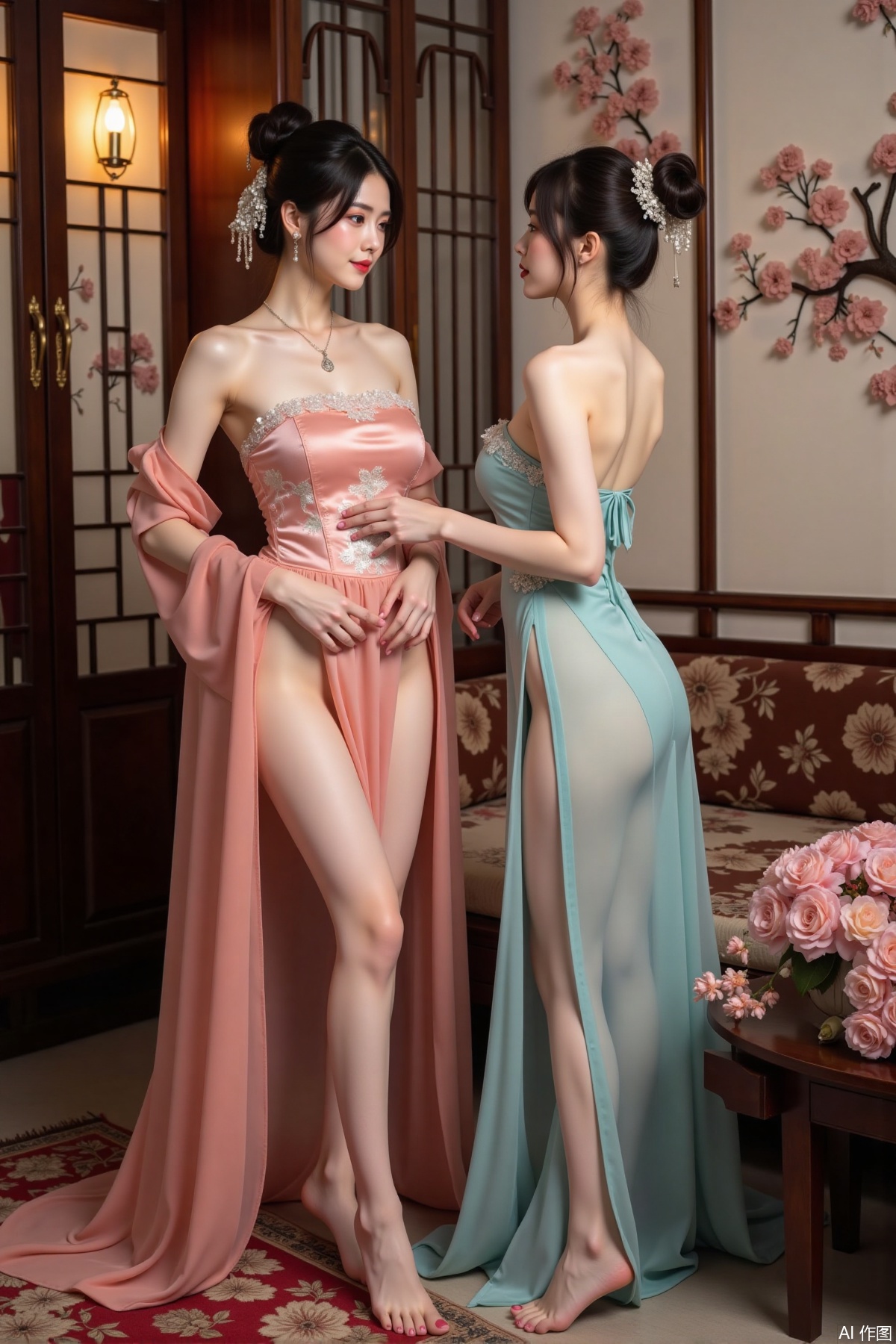 Realistic photos, 2 young women, bun, fair skin, big breasts, strapless dress, long legs, ancient Chinese luxury living room, flowers,
