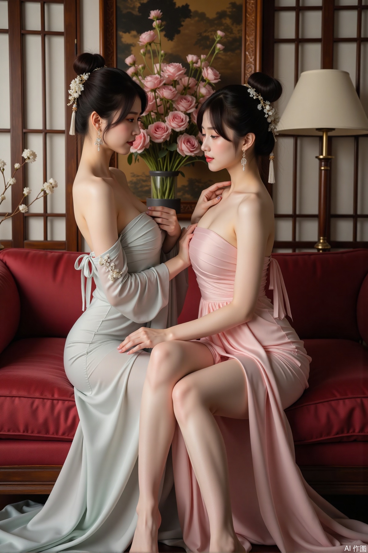 Realistic photos, 2 young women, bun, fair skin, big breasts, strapless dress, long legs, ancient Chinese luxury living room, flowers,