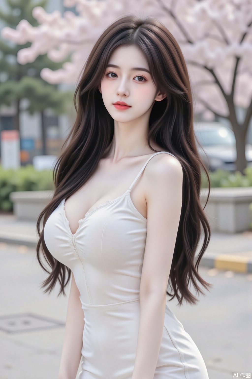 1girl, long flowing hair, looking directly at viewer, simple standing pose, casual white dress, soft daylight, clean background, cowboy-shot, natural makeup, gentle smile, urban park setting, subtle breeze, realistic proportions, warm color palette.juru2