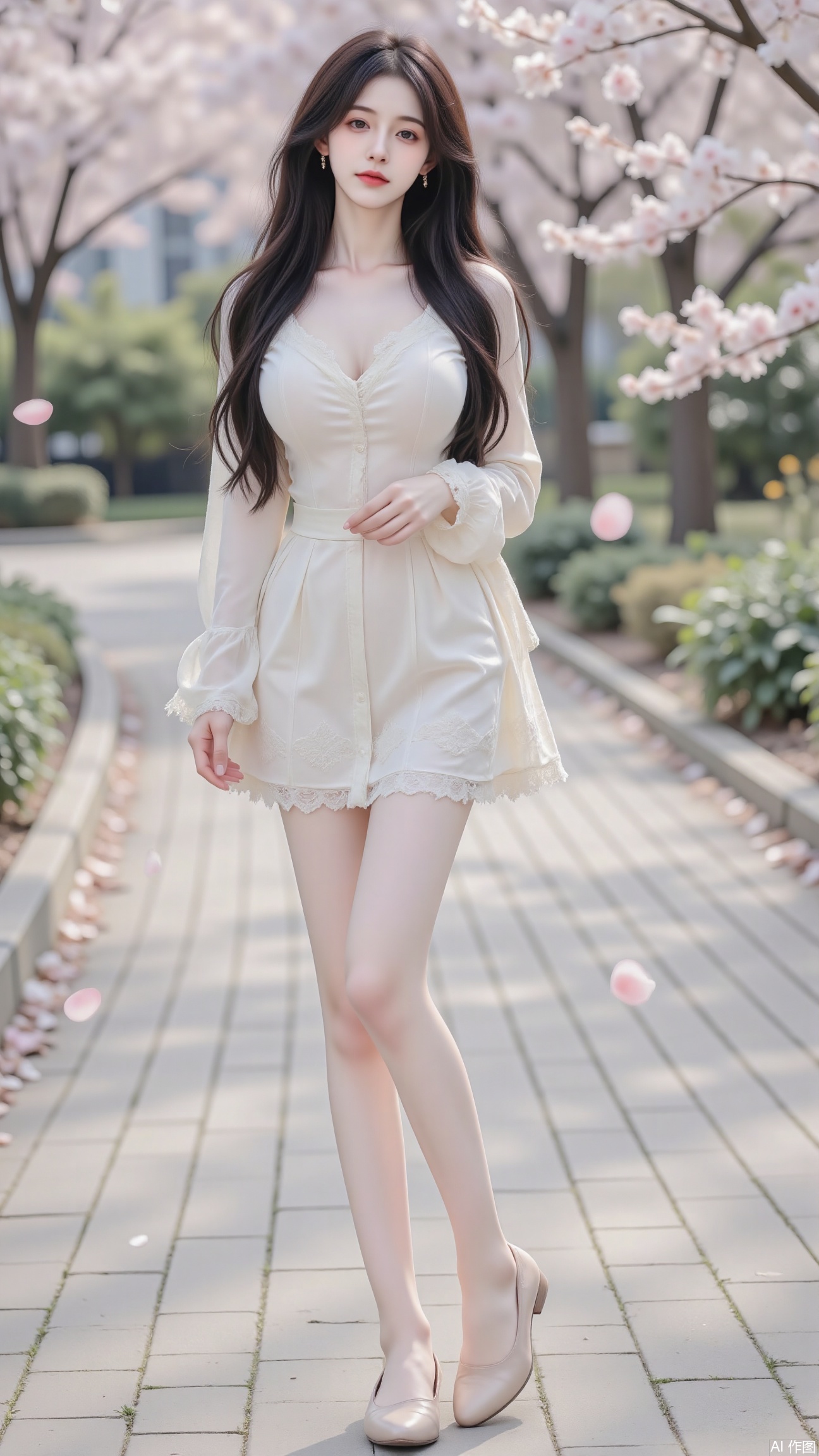 realistic photo,1girl, long hair flowing, direct eye contact, simple standing pose, wearing white dress with lace sleeves (knee-length), soft sunlight, garden background, cowboy-shot composition, pearl earrings, no midriff shown, delicate ballet flats, pastel color palette, cherry blossom petals drifting
,juru2
