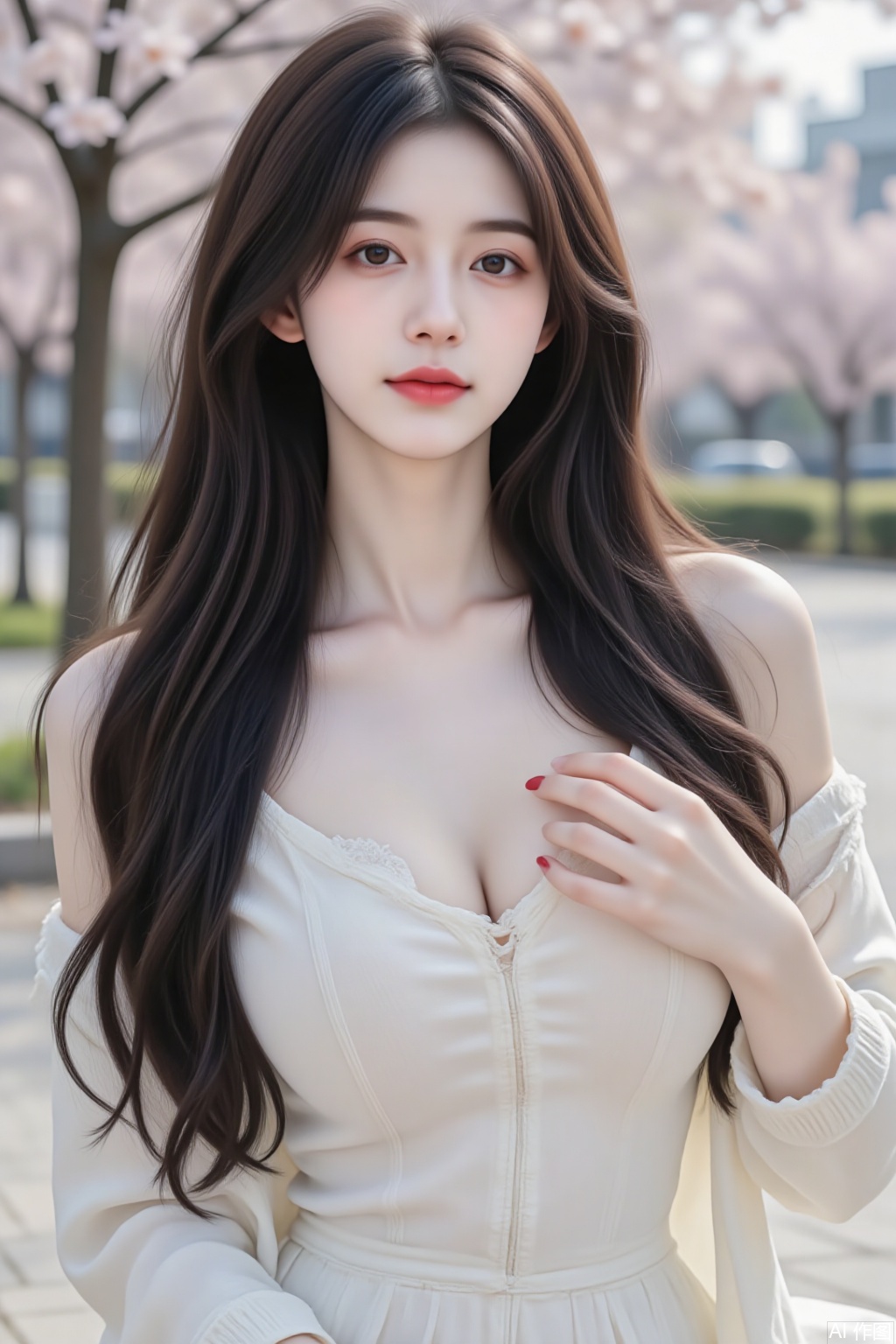 1girl, long flowing hair, looking directly at viewer, simple standing pose, casual white dress, soft daylight, clean background, medium close-up shot, natural makeup, gentle smile, urban park setting, subtle breeze, realistic proportions, warm color palette.