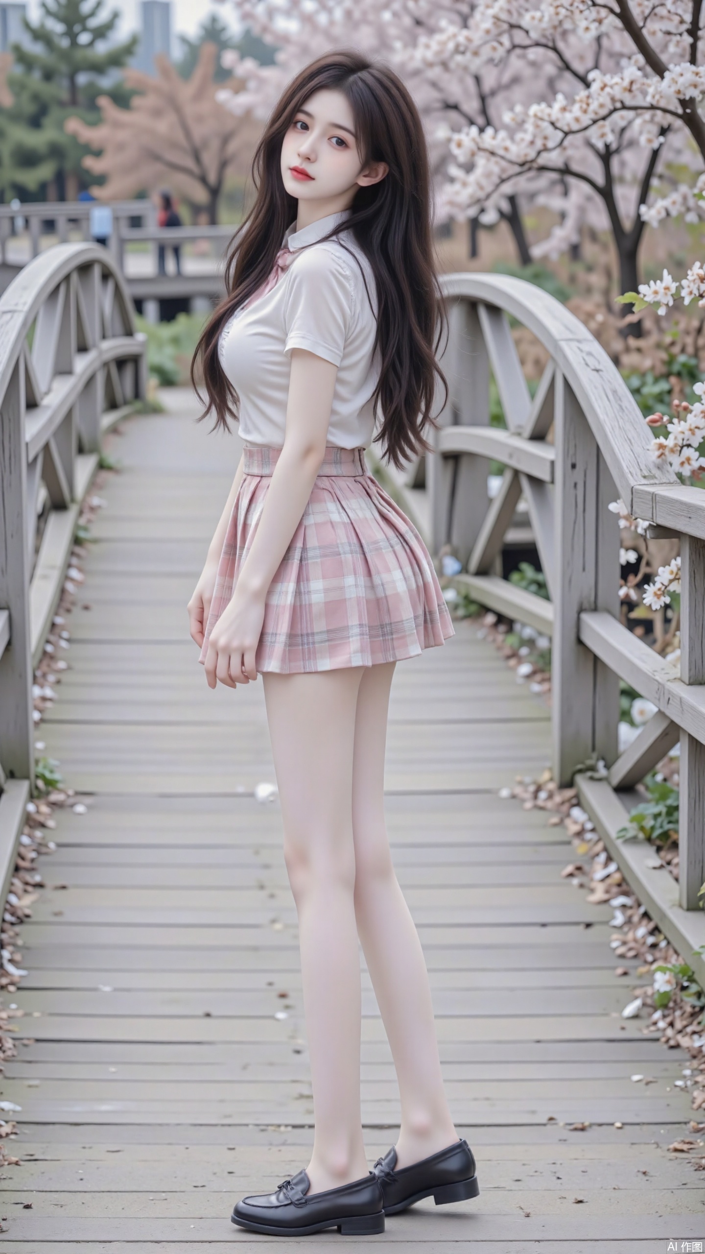 1girl,solo,looking backwards,long hair,school uniform,Collared white shirt(short sleeves),bowtie,white pantyhose,pleated skirt（pink and white tartan),black loafers,short sleeves,white pantyhose,standing,outdoors.river,wooden bridge,shoes, day, tree,cherry blossoms,juru2