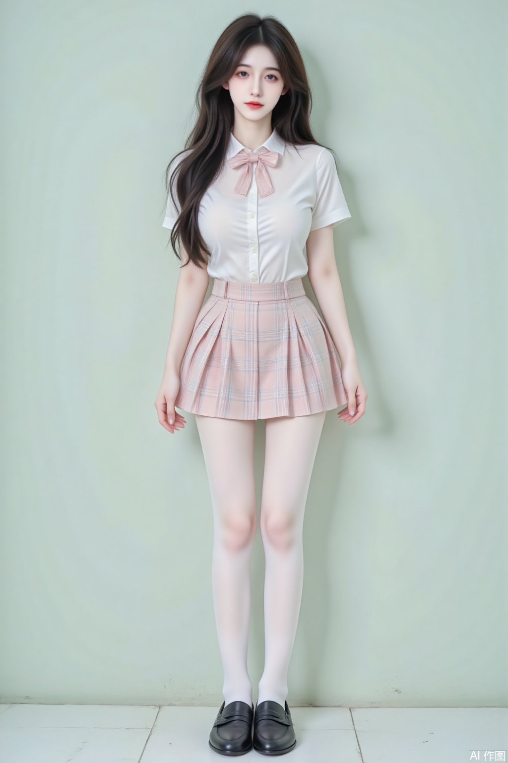 1girl, long hair,school uniform,short sleeves,pleated skirt(pink and white tartan)​​,shirt tucked in,bowtie,white pantyhose,black loafers,juru2,light_green_background