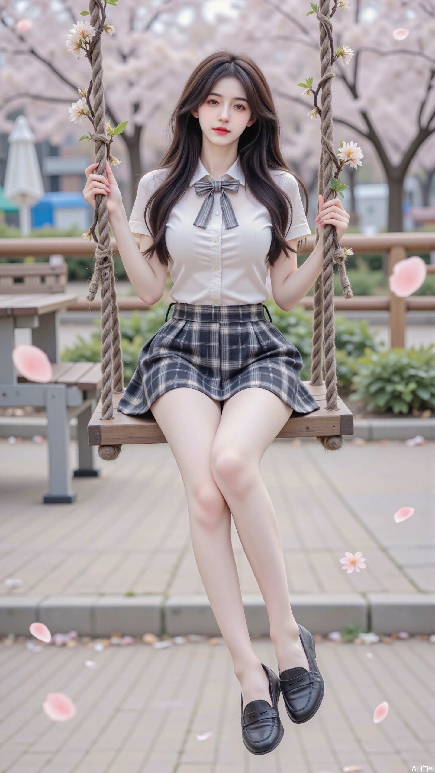 A masterpiece full-body portrait of a girl, A girl in a school uniform sits on a wooden swing at an amusement park. her long hair flowing.Her full_body outfit includes a collared white shirt with short sleeves, a bowtie, and a black-and-gray tartan pleated skirt. She wears black loafers, kicking playfully as the swing moves. The swing's suspension ropes are made of thick vines, decorated with twisting flower vines. Cherry blossom petals float around her, adding soft color to the scene. Her hands grip the vine-made ropes tightly.shirt tucked in,luoxue,juru2