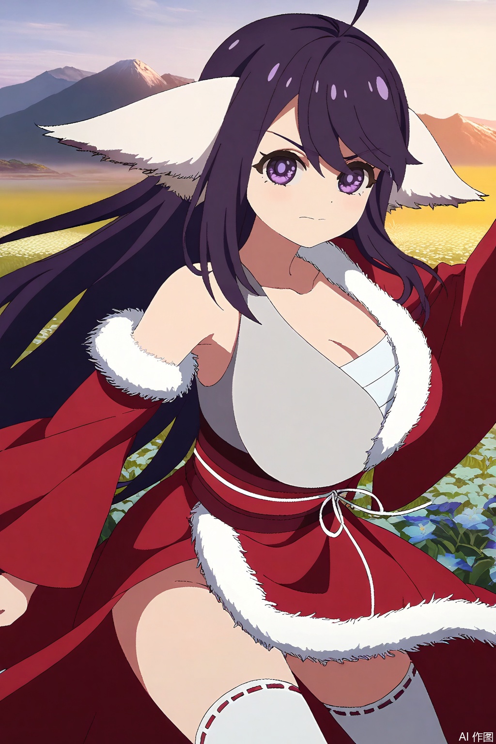 1girl, solo, long hair, breasts, large breasts, animal ears, purple eyes, purple hair, japanese clothes, kimono, sash, Fox ears,masterpiece,best quality,official art,extremely detailed CG unity 8k wallpaper,,Thigh exposed,thighhighs,looking at viewer,in a meadow,
