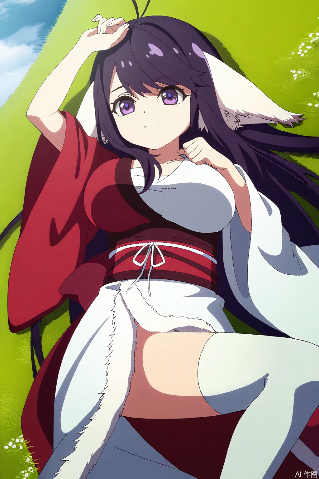 1girl, solo, long hair, breasts, large breasts, animal ears, purple eyes, purple hair, japanese clothes, kimono, sash, Fox ears,masterpiece,best quality,official art,extremely detailed CG unity 8k wallpaper,,Thigh exposed,thighhighs,looking at viewer,in a meadow,