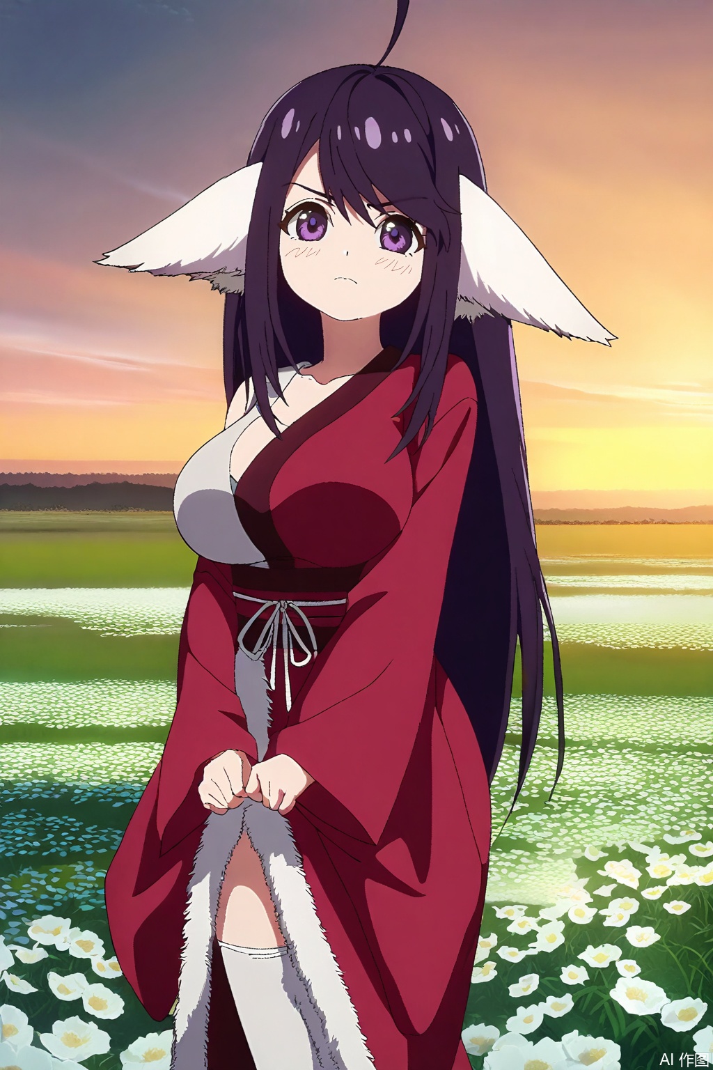1girl, solo, long hair, breasts, large breasts, animal ears, purple eyes, purple hair, japanese clothes, kimono, sash, Fox ears,masterpiece,best quality,official art,extremely detailed CG unity 8k wallpaper,,Thigh exposed,thighhighs,looking at viewer,in a meadow,