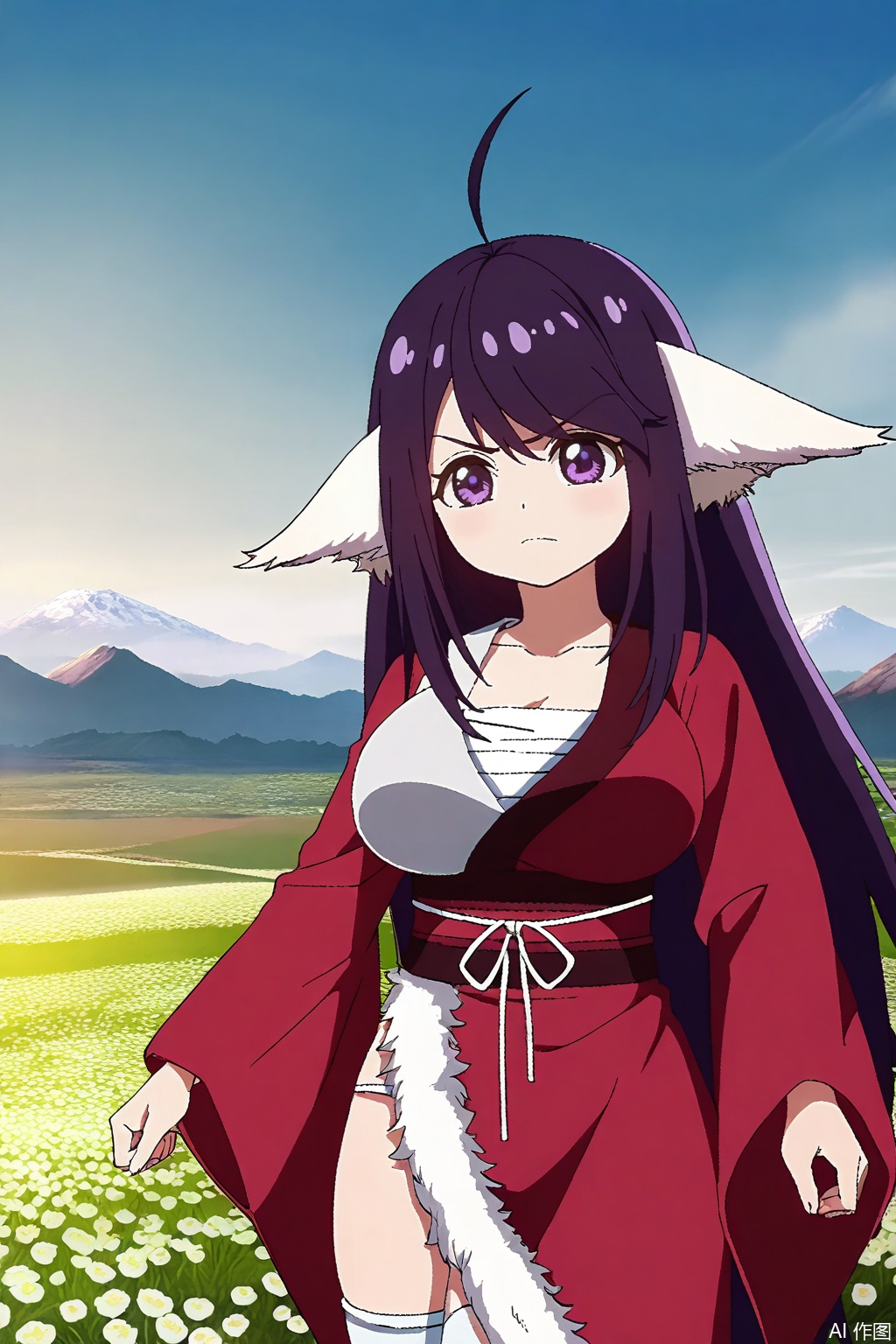 1girl, solo, long hair, breasts, large breasts, animal ears, purple eyes, purple hair, japanese clothes, kimono, sash, Fox ears,masterpiece,best quality,official art,extremely detailed CG unity 8k wallpaper,,Thigh exposed,thighhighs,looking at viewer,in a meadow,