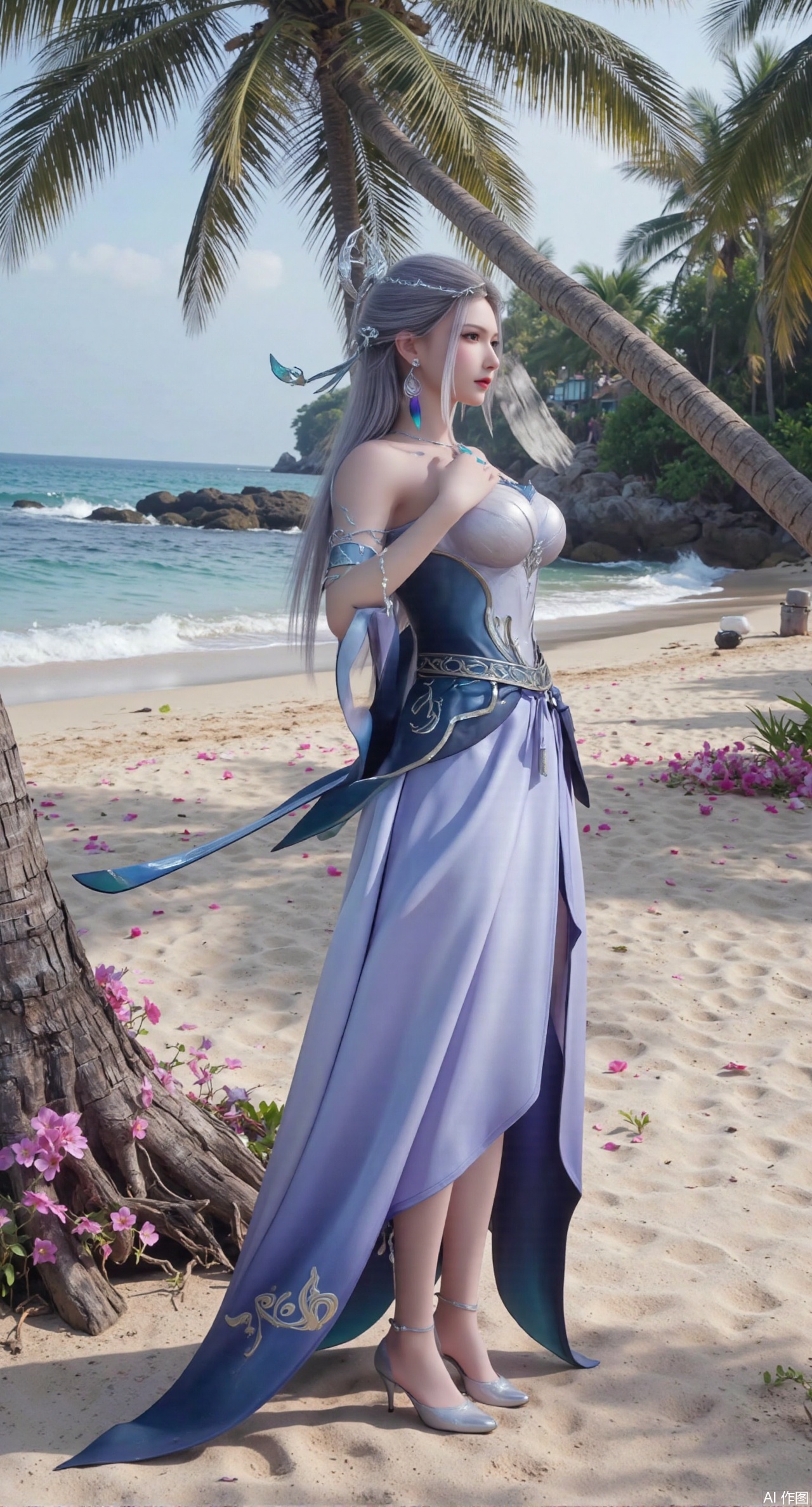 sfw,(masterpiece:1.2),best quality,absurdres,masterpiece,original,extremely detailed wallpaper,perfect lighting,Golden sandy beach covered with vibrant flowers, turquoise waves gently lapping the shore, , bright flower clusters spreading from sand to palm tree roots, soft natural light filtering through coconut leaves, ocean breeze lifting hair and qipao hem, high-resolution details showcasing petal textures and silk fabric sheen, ultra-wide angle lens capturing coastline panorama, cinematic color grading with soft focus on the central figure,(huge breasts:2.99),(full breasts:2.99),Xanmiaoyi,Xyunwangshu,XlishaoyinY,Xbaixue,XanmiaoyiY,Xxiuqiuhua,XbaiyuerongY,XyunyunX,XqingnvzongZM,Xjuzi,Xshangguanweier,XanmiaoyiXY,XyunyunXY,Xjiangziyue,Xmeining,Xweinina,Xlenhuan,Xbabata