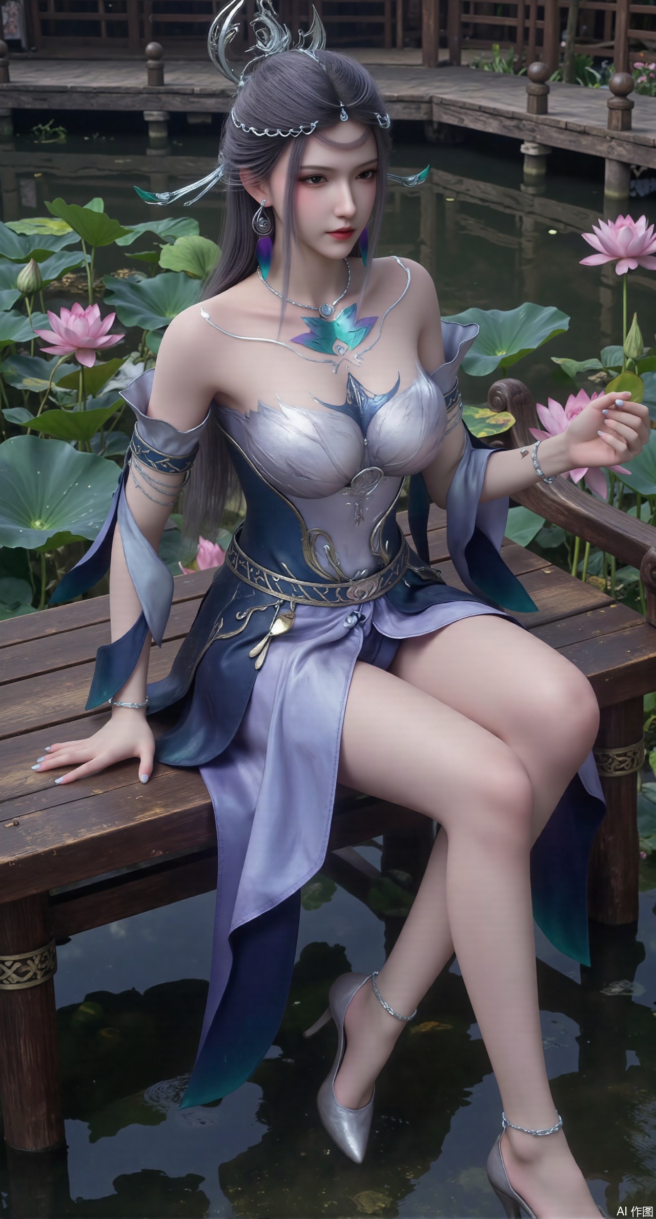 (masterpiece:1.2),best quality,The image is a digital illustration of a young woman sitting on a wooden bench in a pond with lily pads. She is wearing a long dress with design on the chest and sleeves. The dress has a high neckline and short sleeves,Holding a lotus in hand. She has long dark hair styled in loose waves and is wearing gold high heels. The woman is posing with one hand on her hip and the other resting on the edge of the bench. The background is filled with pink and white lotus flowers and green leaves. The overall mood of the image is peaceful and serene,(huge breasts:2.99),(full breasts:2.99),(Background with traditional Chinese architecture, lotus pond and pink lotus flowers:1.39),,Xanmiaoyi,Xyunwangshu,XlishaoyinY,Xbaixue,XanmiaoyiY,Xxiuqiuhua,XbaiyuerongY,XyunyunX,XqingnvzongZM,Xjuzi,Xshangguanweier,XanmiaoyiXY,XyunyunXY,Xjiangziyue,Xmeining,Xweinina,Xlenhuan,Xbabata