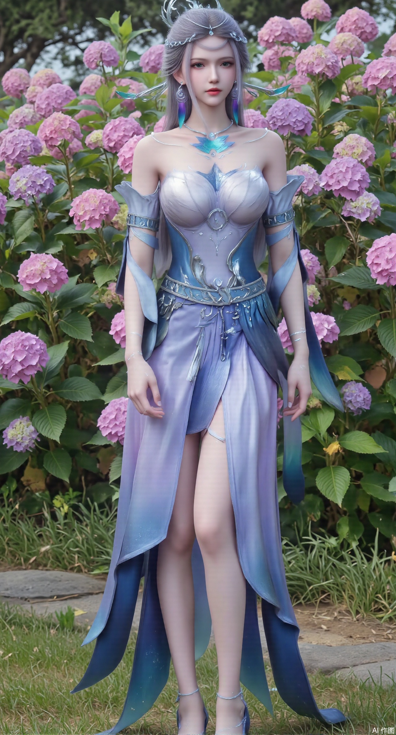  SFW,(masterpiece:1.2),best quality,absurdres,masterpiece,original,extremely detailed wallpaper,perfect lighting,1girl,solo,looking at viewer,(cowboy_shot:1.3),long hair,high heels,blurry background,depth of field,motion blur,(long dress:1.23),china_dress,chinese_style,bare shouders,crystal_earrings,headpiece,hair_tie,chest_jewel,gem,necklace,jewelry,in summer,day,outdoors,nature,garden,,(standing,Hydrangea, Hydrangea Field:1.69),(huge breasts:2.99),(full breasts:2.99),Xzhihua,Xsiyouyou,Xyanruyu,Xmoxiaonan,Xyeqingxian,Xyunwangshu,XlishaoyinY,Xxiaowu,Xyusanniang,XhuolingerHHY,Xwangqiuer,Xxuenv,XyunyunX,XqingnvzongZM,Xshangguanweier,XanmiaoyiXY,Xaichen,Xhuanlingwang,XyunyunXY