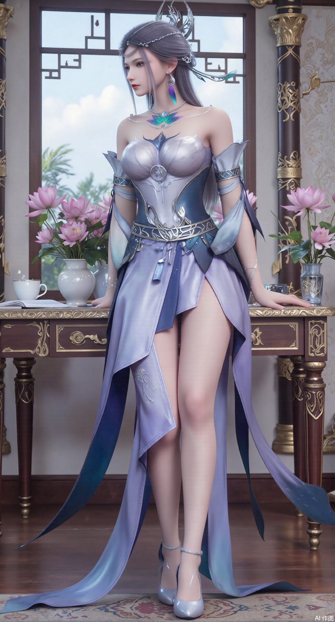 (masterpiece:1.2),best quality,Ultra clear, wallpaper, 8k, masterpiece, 1girl, solo, long hair, breasts, looking at viewer, bangs, large breasts,long dress,, bare shoulders, jewelry, black hair, standing, purple eyes, full body, flower, thighs, indoors, hair bun, long dress, high heels, cup, see-through, book, bare legs, window, table, white footwear, standing on one leg, curtains, pink flower, side slit, vase, ,(huge breasts:2.99),(full breasts:2.99),(pink lotus flowers:1.39),,Xanmiaoyi,Xyunwangshu,XlishaoyinY,Xbaixue,XanmiaoyiY,Xxiuqiuhua,XbaiyuerongY,XyunyunX,XqingnvzongZM,Xjuzi,Xshangguanweier,XanmiaoyiXY,XyunyunXY,Xjiangziyue,Xmeining,Xweinina,Xlenhuan,Xbabata