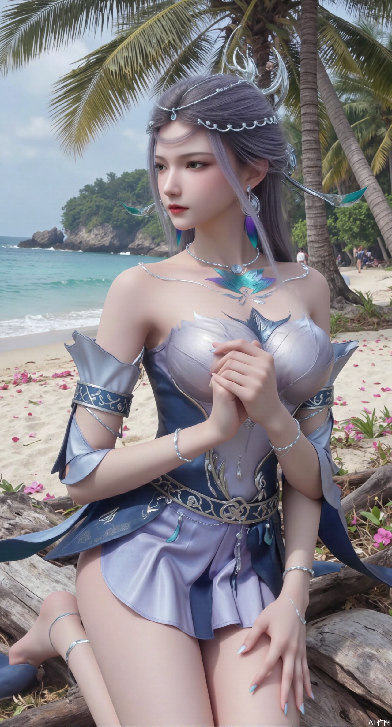 sfw,(masterpiece:1.2),best quality,absurdres,masterpiece,original,extremely detailed wallpaper,perfect lighting,Golden sandy beach covered with vibrant flowers, turquoise waves gently lapping the shore, , bright flower clusters spreading from sand to palm tree roots, soft natural light filtering through coconut leaves, ocean breeze lifting hair and qipao hem, high-resolution details showcasing petal textures and silk fabric sheen, ultra-wide angle lens capturing coastline panorama, cinematic color grading with soft focus on the central figure,(huge breasts:2.99),(full breasts:2.99),Xanmiaoyi,Xyunwangshu,XlishaoyinY,Xbaixue,XanmiaoyiY,Xxiuqiuhua,XbaiyuerongY,XyunyunX,XqingnvzongZM,Xjuzi,Xshangguanweier,XanmiaoyiXY,XyunyunXY,Xjiangziyue,Xmeining,Xweinina,Xlenhuan,Xbabata