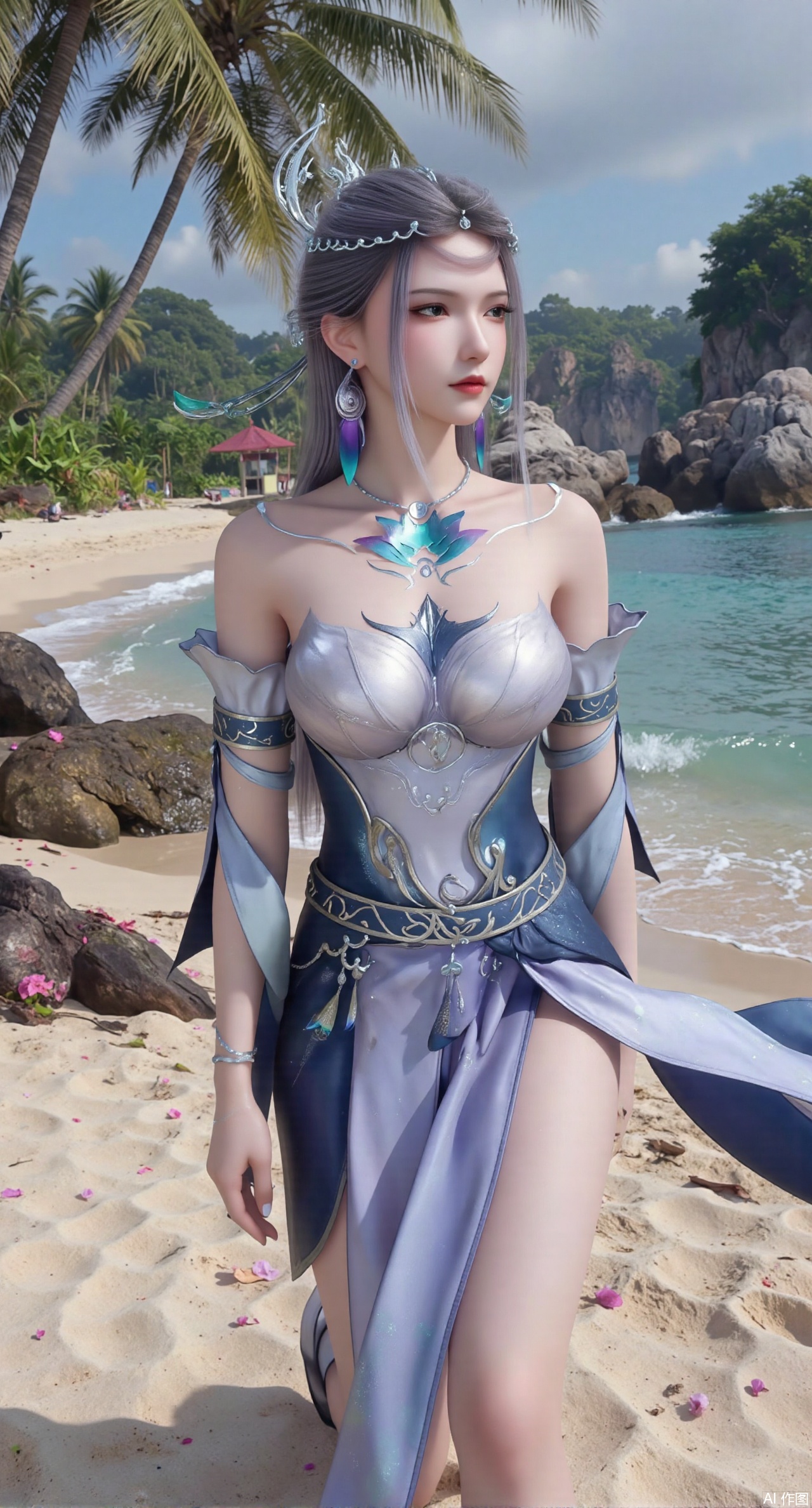 sfw,(masterpiece:1.2),best quality,absurdres,masterpiece,original,extremely detailed wallpaper,perfect lighting,Golden sandy beach covered with vibrant flowers, turquoise waves gently lapping the shore, , bright flower clusters spreading from sand to palm tree roots, soft natural light filtering through coconut leaves, ocean breeze lifting hair and qipao hem, high-resolution details showcasing petal textures and silk fabric sheen, ultra-wide angle lens capturing coastline panorama, cinematic color grading with soft focus on the central figure,(huge breasts:2.99),(full breasts:2.99),Xanmiaoyi,Xyunwangshu,XlishaoyinY,Xbaixue,XanmiaoyiY,Xxiuqiuhua,XbaiyuerongY,XyunyunX,XqingnvzongZM,Xjuzi,Xshangguanweier,XanmiaoyiXY,XyunyunXY,Xjiangziyue,Xmeining,Xweinina,Xlenhuan,Xbabata