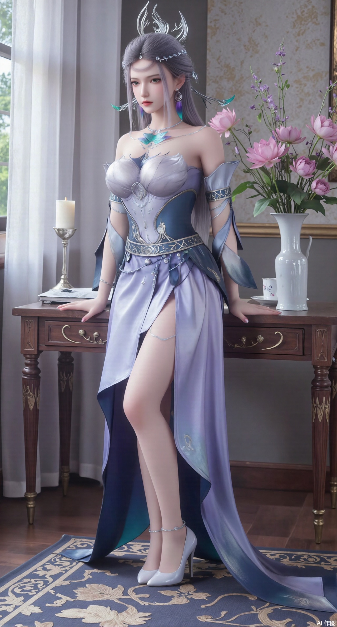 (masterpiece:1.2),best quality,Ultra clear, wallpaper, 8k, masterpiece, 1girl, solo, long hair, breasts, looking at viewer, bangs, large breasts,long dress,, bare shoulders, jewelry, black hair, standing, purple eyes, full body, flower, thighs, indoors, hair bun, long dress, high heels, cup, see-through, book, bare legs, window, table, white footwear, standing on one leg, curtains, pink flower, side slit, vase, ,(huge breasts:2.99),(full breasts:2.99),(pink lotus flowers:1.39),,Xanmiaoyi,Xyunwangshu,XlishaoyinY,Xbaixue,XanmiaoyiY,Xxiuqiuhua,XbaiyuerongY,XyunyunX,XqingnvzongZM,Xjuzi,Xshangguanweier,XanmiaoyiXY,XyunyunXY,Xjiangziyue,Xmeining,Xweinina,Xlenhuan,Xbabata