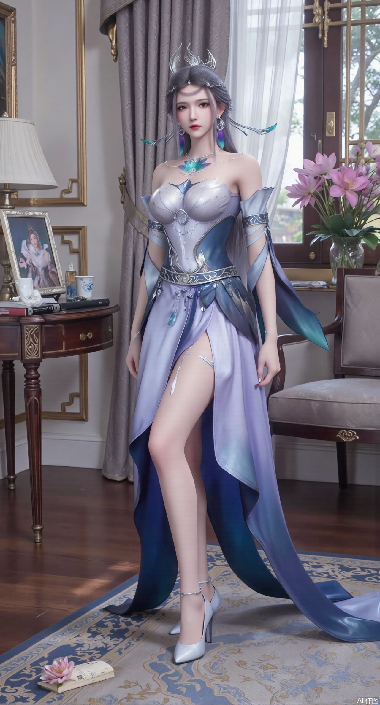(masterpiece:1.2),best quality,Ultra clear, wallpaper, 8k, masterpiece, 1girl, solo, long hair, breasts, looking at viewer, bangs, large breasts,long dress,, bare shoulders, jewelry, black hair, standing, purple eyes, full body, flower, thighs, indoors, hair bun, long dress, high heels, cup, see-through, book, bare legs, window, table, white footwear, standing on one leg, curtains, pink flower, side slit, vase, ,(huge breasts:2.99),(full breasts:2.99),(pink lotus flowers:1.39),,Xanmiaoyi,Xyunwangshu,XlishaoyinY,Xbaixue,XanmiaoyiY,Xxiuqiuhua,XbaiyuerongY,XyunyunX,XqingnvzongZM,Xjuzi,Xshangguanweier,XanmiaoyiXY,XyunyunXY,Xjiangziyue,Xmeining,Xweinina,Xlenhuan,Xbabata