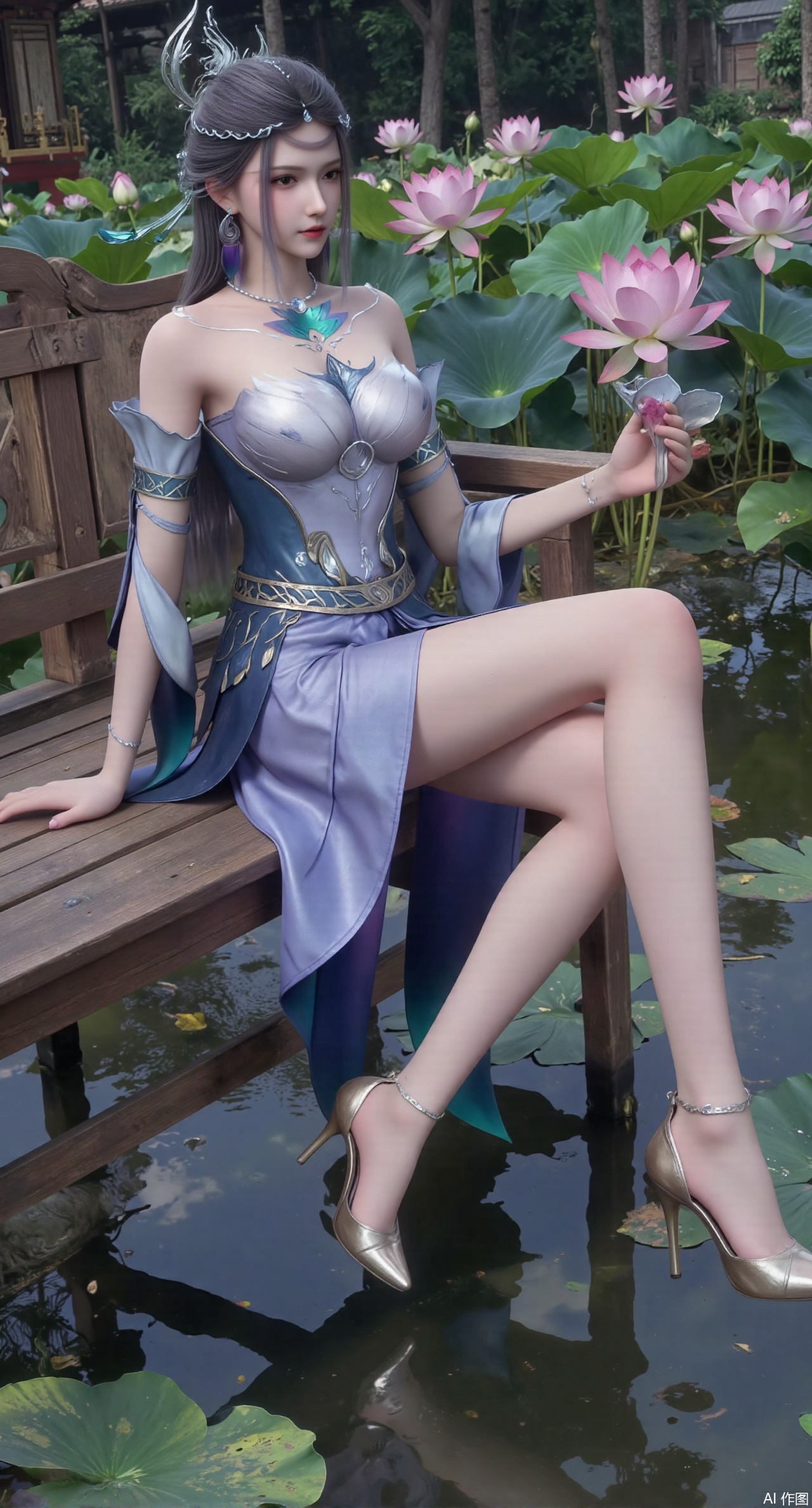 (masterpiece:1.2),best quality,The image is a digital illustration of a young woman sitting on a wooden bench in a pond with lily pads. She is wearing a long dress with design on the chest and sleeves. The dress has a high neckline and short sleeves,Holding a lotus in hand. She has long dark hair styled in loose waves and is wearing gold high heels. The woman is posing with one hand on her hip and the other resting on the edge of the bench. The background is filled with pink and white lotus flowers and green leaves. The overall mood of the image is peaceful and serene,(huge breasts:2.99),(full breasts:2.99),(Background with traditional Chinese architecture, lotus pond and pink lotus flowers:1.39),,Xanmiaoyi,Xyunwangshu,XlishaoyinY,Xbaixue,XanmiaoyiY,Xxiuqiuhua,XbaiyuerongY,XyunyunX,XqingnvzongZM,Xjuzi,Xshangguanweier,XanmiaoyiXY,XyunyunXY,Xjiangziyue,Xmeining,Xweinina,Xlenhuan,Xbabata