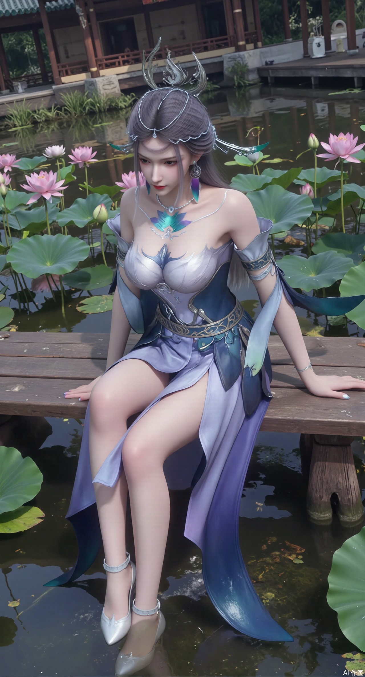 (masterpiece:1.2),best quality,The image is a digital illustration of a young woman sitting on a wooden bench in a pond with lily pads. She is wearing a long dress with design on the chest and sleeves. The dress has a high neckline and short sleeves,Holding a lotus in hand. She has long dark hair styled in loose waves and is wearing gold high heels. The woman is posing with one hand on her hip and the other resting on the edge of the bench. The background is filled with pink and white lotus flowers and green leaves. The overall mood of the image is peaceful and serene,(huge breasts:2.99),(full breasts:2.99),(Background with traditional Chinese architecture, lotus pond and pink lotus flowers:1.39),,Xanmiaoyi,Xyunwangshu,XlishaoyinY,Xbaixue,XanmiaoyiY,Xxiuqiuhua,XbaiyuerongY,XyunyunX,XqingnvzongZM,Xjuzi,Xshangguanweier,XanmiaoyiXY,XyunyunXY,Xjiangziyue,Xmeining,Xweinina,Xlenhuan,Xbabata