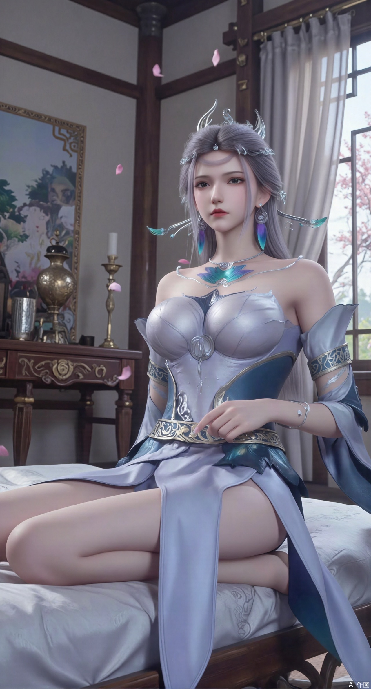 (masterpiece, best quality:1.2),Ancient Chinese boudoir scene, Hanfu dress ,sitting sideways on an intricately carved wooden bed, soft natural light filtering through sheer silk curtains, satin bedding with delicate sheen, detailed traditional Chinese Gongbi painting style, subtle celadon color palette, background featuring vintage dressing table and embroidered screen, falling plum blossom petals near window and wispy smoke from bronze incense burner, 8K resolution with intricate fabric draping and wood grain textures,,(huge breasts:2.99),(full breasts:2.99),XyunyunXY,Xmeining,Xjiangziyue,Xweinina,Xyunxiao,Xxiaoqingxue,Xlenhuan