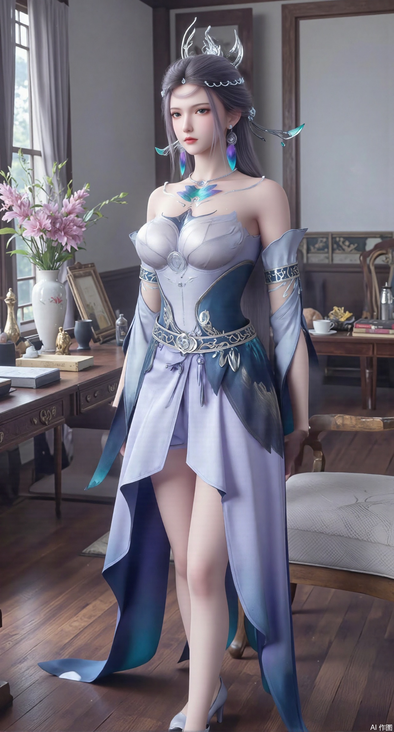 (masterpiece:1.2),Ultra clear, wallpaper, 8k, masterpiece, 1girl, solo, long hair, breasts, looking at viewer, bangs, large breasts,long dress,, bare shoulders, jewelry, black hair, standing, purple eyes, full body, flower, thighs, indoors, hair bun, long dress, high heels, cup, see-through, book, bare legs, window, table, white footwear, standing on one leg, curtains, pink flower, side slit, vase, ,(huge breasts:2.99),(full breasts:2.99),phone screen,XyunyunXY,Xmeining,Xjiangziyue,Xweinina,Xyunxiao,Xxiaoqingxue,Xlenhuan