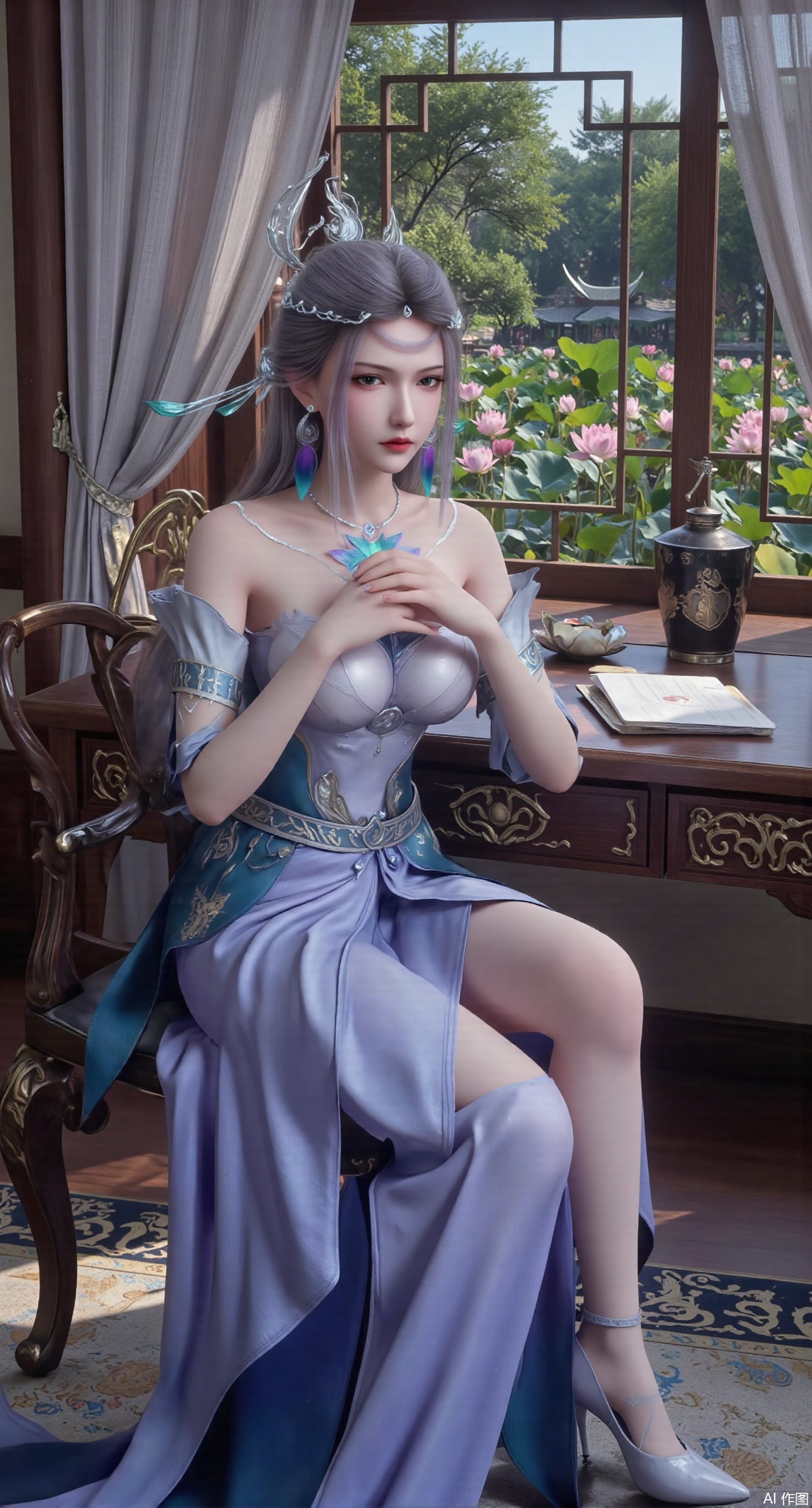 (masterpiece, best quality:1.2),1girl, solo, long dress,Ancient princess's boudoir with bright color palette,,(huge breasts:2.59),(full breasts:2.39), Hanfu-clad maiden sitting by latticed window desk in romantic daydreaming posture, classical Chinese garden through window showcasing lotus pond filled with blooming pink and white lotuses, delicate ink-wash painting style, interior featuring rosewood furniture with mother-of-pearl inlay, silk curtains fluttering in breeze, porcelain stationery set on desk, distant view of curved bridges and pavilions in garden, ultra HD rendering with crisp details on embroidered garments and translucent lotus petals,,(huge breasts:2.99),(full breasts:2.99),,,XyunyunXY,Xmeining,Xjiangziyue,Xweinina,Xyunxiao,Xxiaoqingxue,Xlenhuan