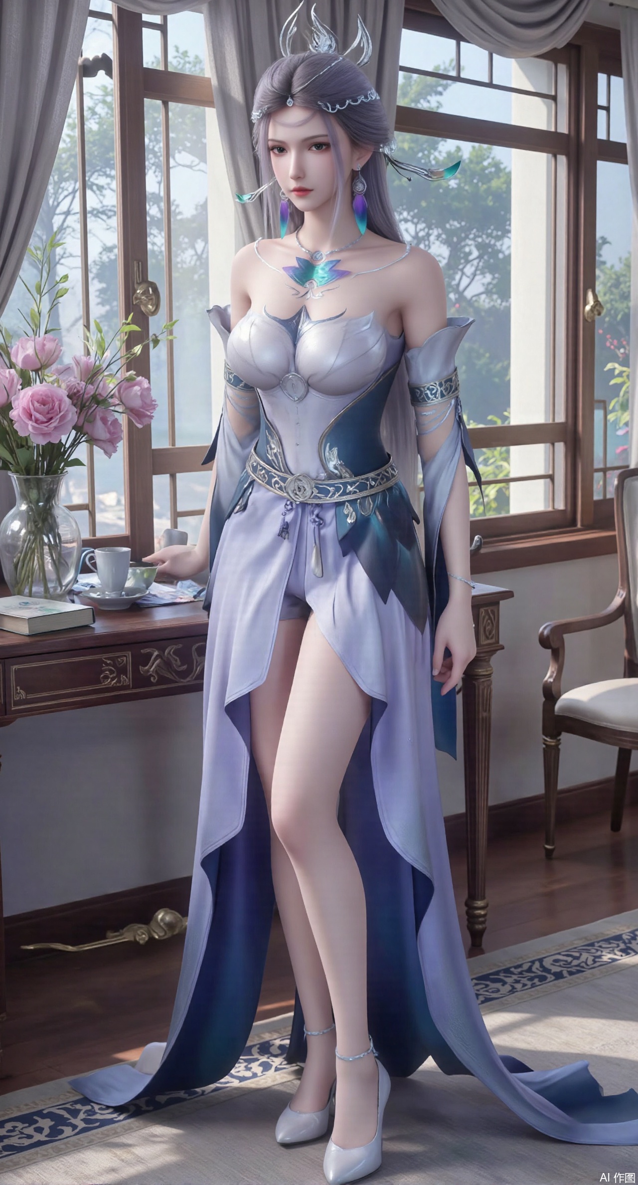 (masterpiece:1.2),Ultra clear, wallpaper, 8k, masterpiece, 1girl, solo, long hair, breasts, looking at viewer, bangs, large breasts,long dress,, bare shoulders, jewelry, black hair, standing, purple eyes, full body, flower, thighs, indoors, hair bun, long dress, high heels, cup, see-through, book, bare legs, window, table, white footwear, standing on one leg, curtains, pink flower, side slit, vase, ,(huge breasts:2.99),(full breasts:2.99),phone screen,XyunyunXY,Xmeining,Xjiangziyue,Xweinina,Xyunxiao,Xxiaoqingxue,Xlenhuan