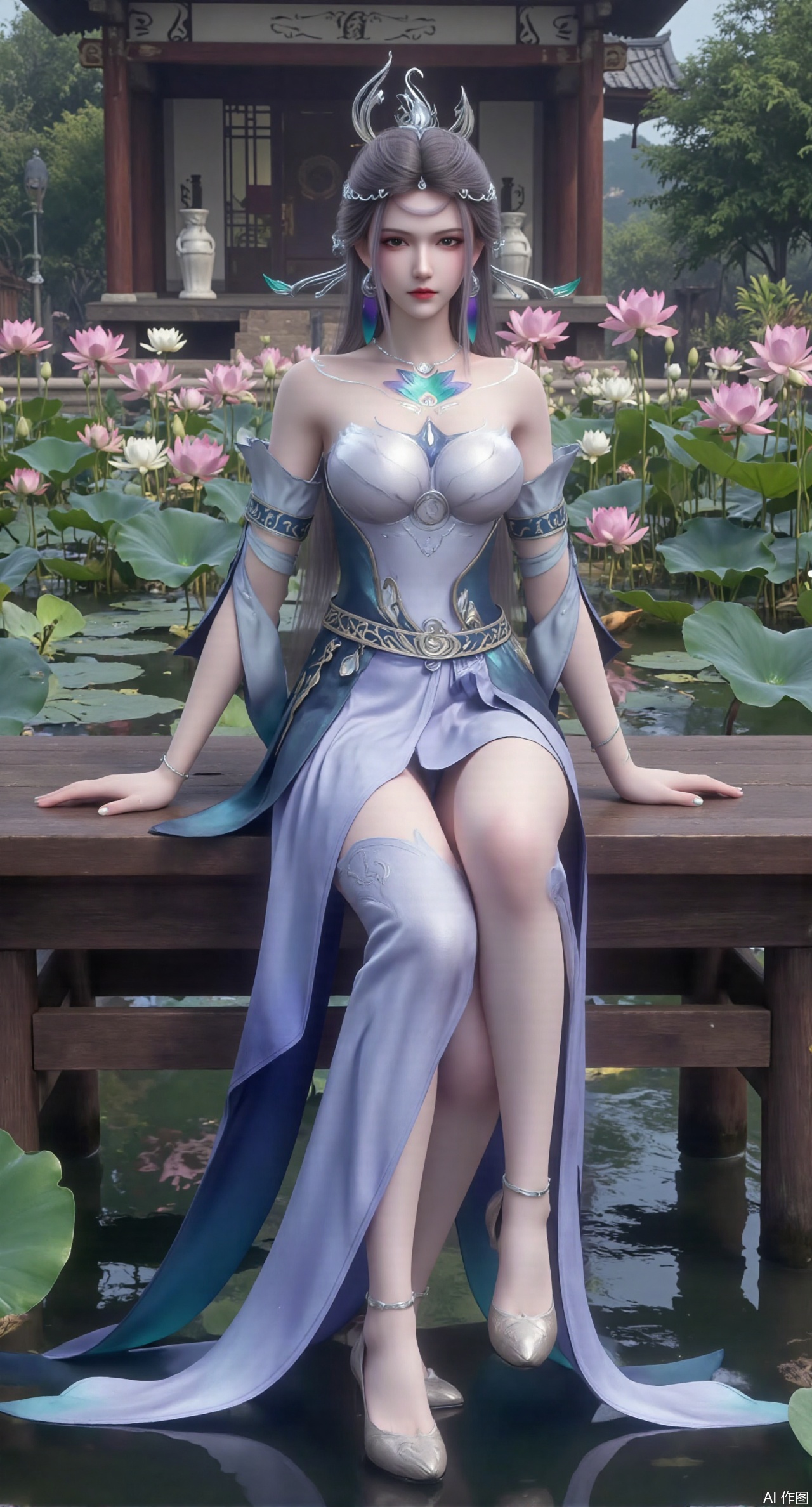 (masterpiece:1.2),best quality,The image is a digital illustration of a young woman sitting on a wooden bench in a pond with lily pads. She is wearing a long dress with design on the chest and sleeves. The dress has a high neckline and short sleeves,Holding a lotus in hand. She has long dark hair styled in loose waves and is wearing gold high heels. The woman is posing with one hand on her hip and the other resting on the edge of the bench. The background is filled with pink and white lotus flowers and green leaves. The overall mood of the image is peaceful and serene,(huge breasts:2.99),(full breasts:2.99),(Background with traditional Chinese architecture, lotus pond and pink lotus flowers:1.39),XyunyunXY,Xmeining,Xjiangziyue,Xweinina,Xyunxiao,Xxiaoqingxue,Xlenhuan