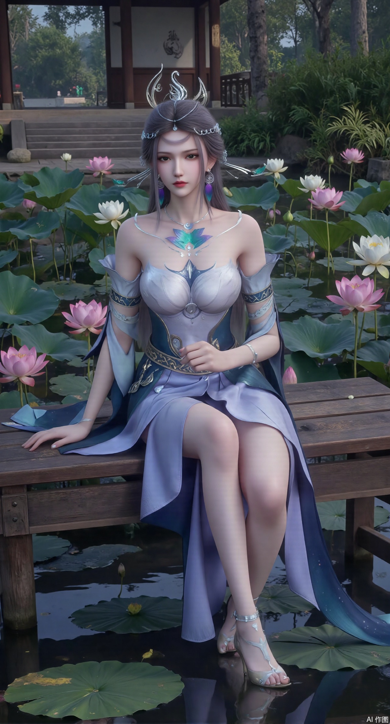 (masterpiece:1.2),best quality,The image is a digital illustration of a young woman sitting on a wooden bench in a pond with lily pads. She is wearing a long dress with design on the chest and sleeves. The dress has a high neckline and short sleeves,Holding a lotus in hand. She has long dark hair styled in loose waves and is wearing gold high heels. The woman is posing with one hand on her hip and the other resting on the edge of the bench. The background is filled with pink and white lotus flowers and green leaves. The overall mood of the image is peaceful and serene,(huge breasts:2.99),(full breasts:2.99),(Background with traditional Chinese architecture, lotus pond and pink lotus flowers:1.39),XyunyunXY,Xmeining,Xjiangziyue,Xweinina,Xyunxiao,Xxiaoqingxue,Xlenhuan