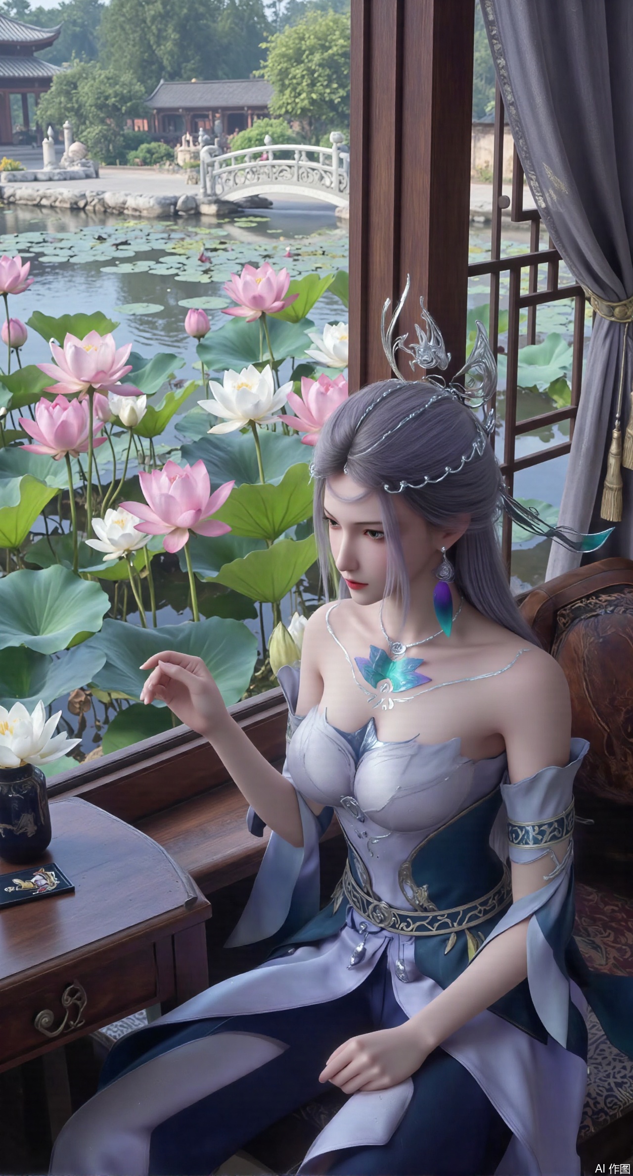 (masterpiece, best quality:1.2),1girl, solo, long dress,Ancient princess's boudoir with bright color palette,,(huge breasts:2.59),(full breasts:2.39), Hanfu-clad maiden sitting by latticed window desk in romantic daydreaming posture, classical Chinese garden through window showcasing lotus pond filled with blooming pink and white lotuses, delicate ink-wash painting style, interior featuring rosewood furniture with mother-of-pearl inlay, silk curtains fluttering in breeze, porcelain stationery set on desk, distant view of curved bridges and pavilions in garden, ultra HD rendering with crisp details on embroidered garments and translucent lotus petals,,(huge breasts:2.99),(full breasts:2.99),,,XyunyunXY,Xmeining,Xjiangziyue,Xweinina,Xyunxiao,Xxiaoqingxue,Xlenhuan
